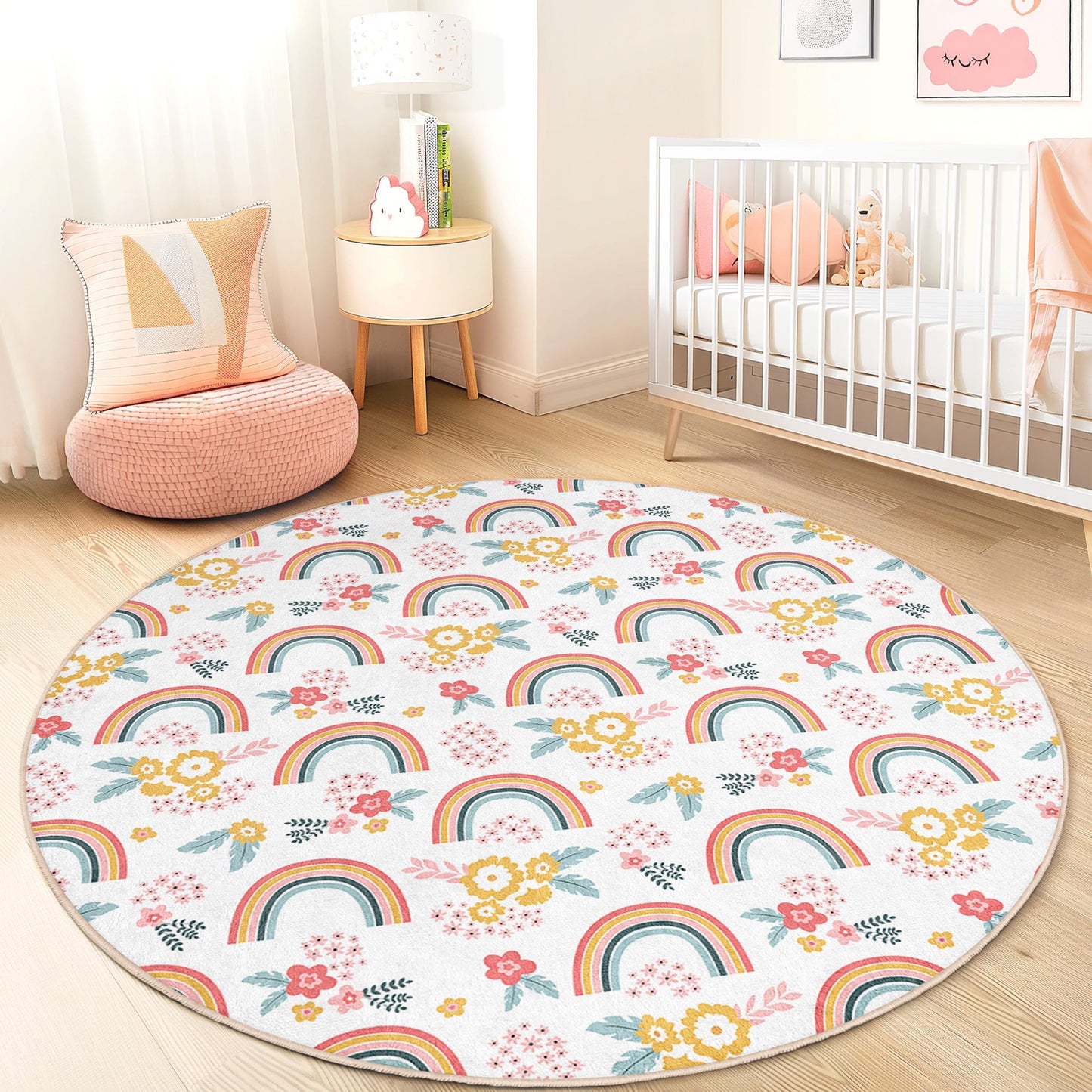 Rainbow Floral Round Area Rug: Kids Playroom Nursery Decor