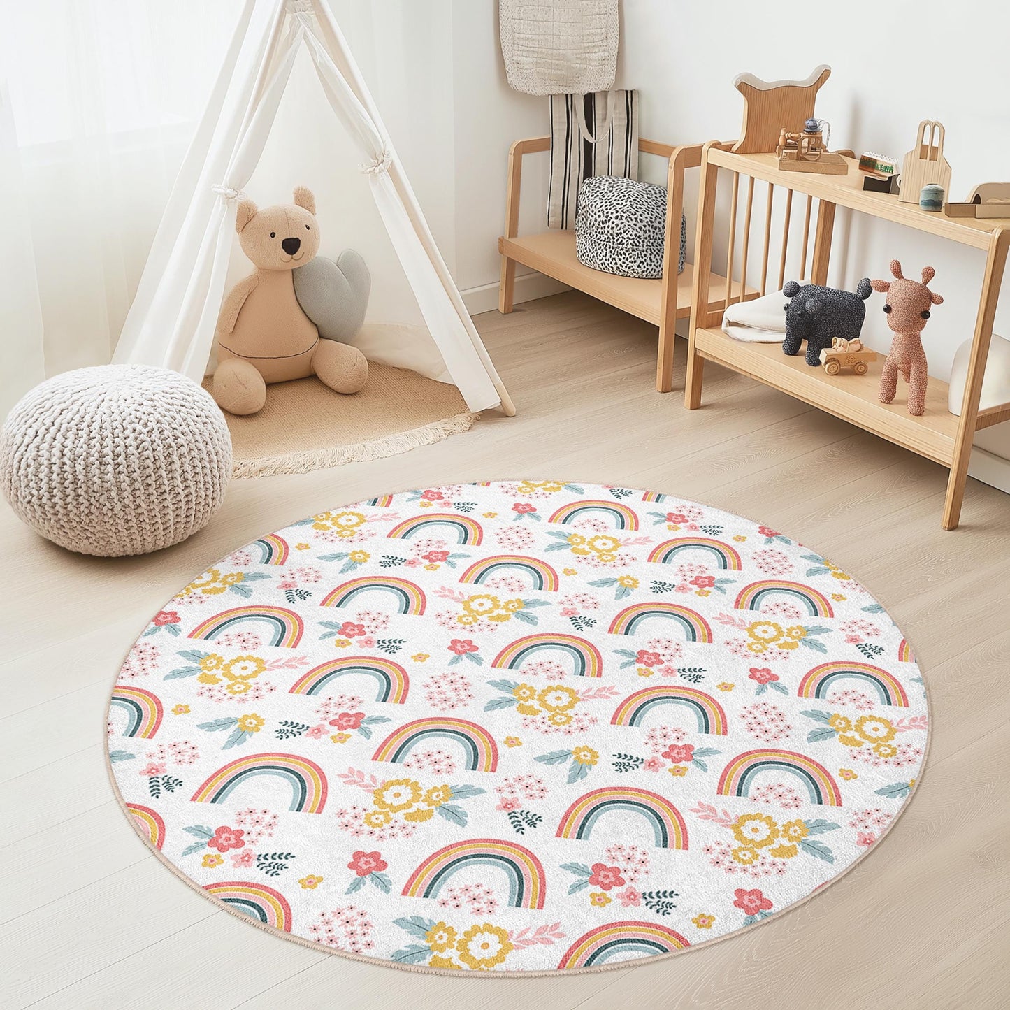 Rainbow Floral Round Area Rug: Kids Playroom Nursery Decor