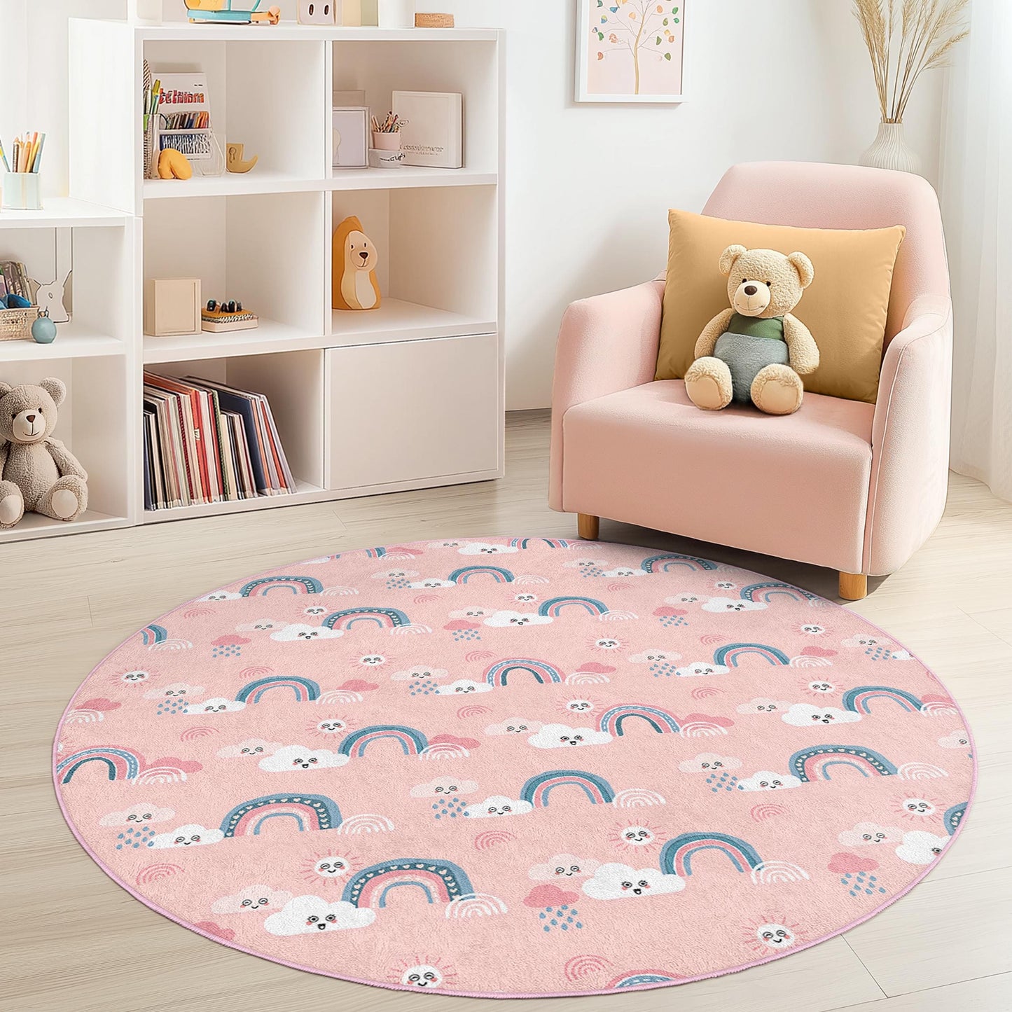 Rainbow Cloud Kids Rug: Soft Pink Nursery Playroom Carpet
