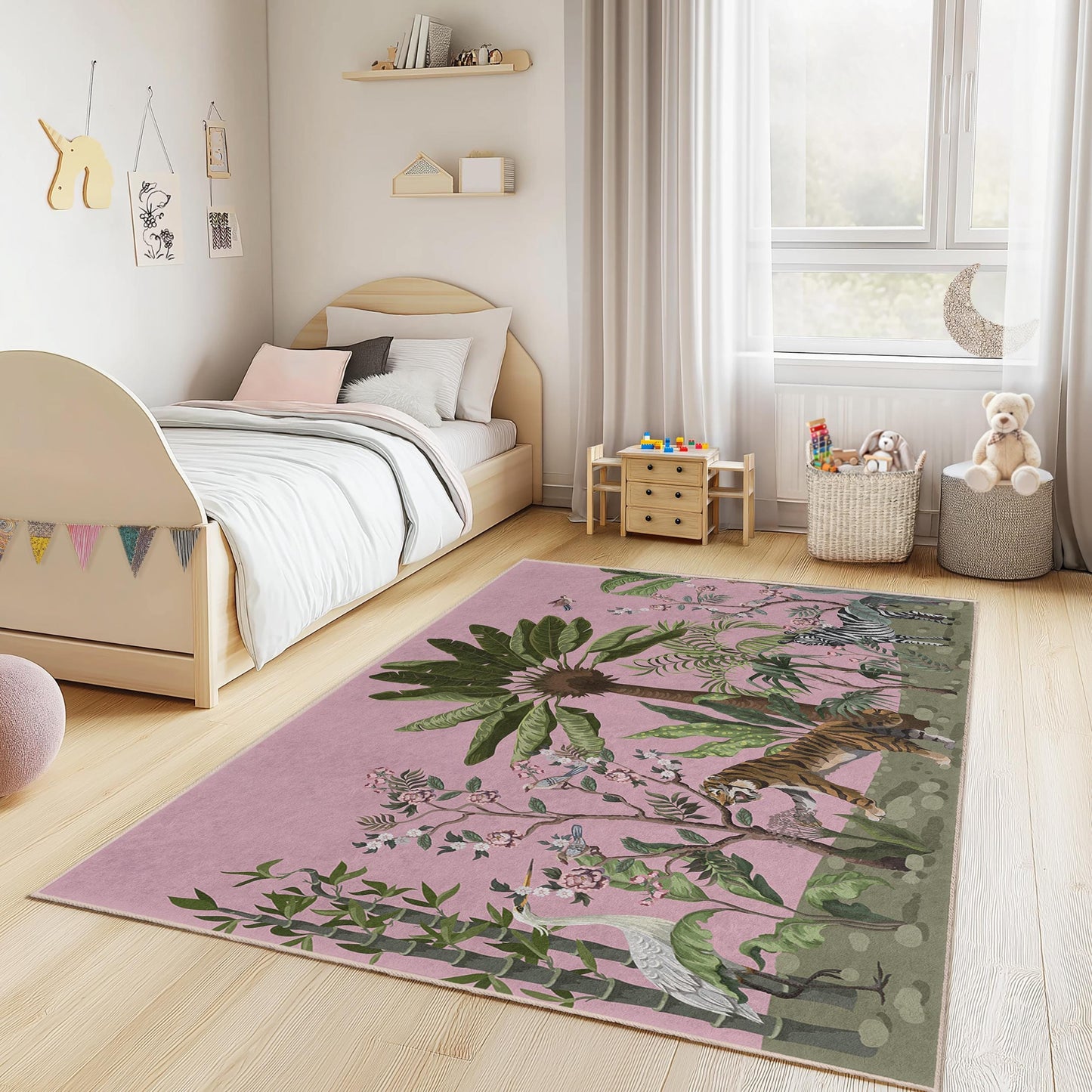 Jungle Adventure Kids Play Rug, Animal Theme Kids Carpet, Rectangular Play Mat for Kids Room, Soft Nursery Decor, Safari Rug