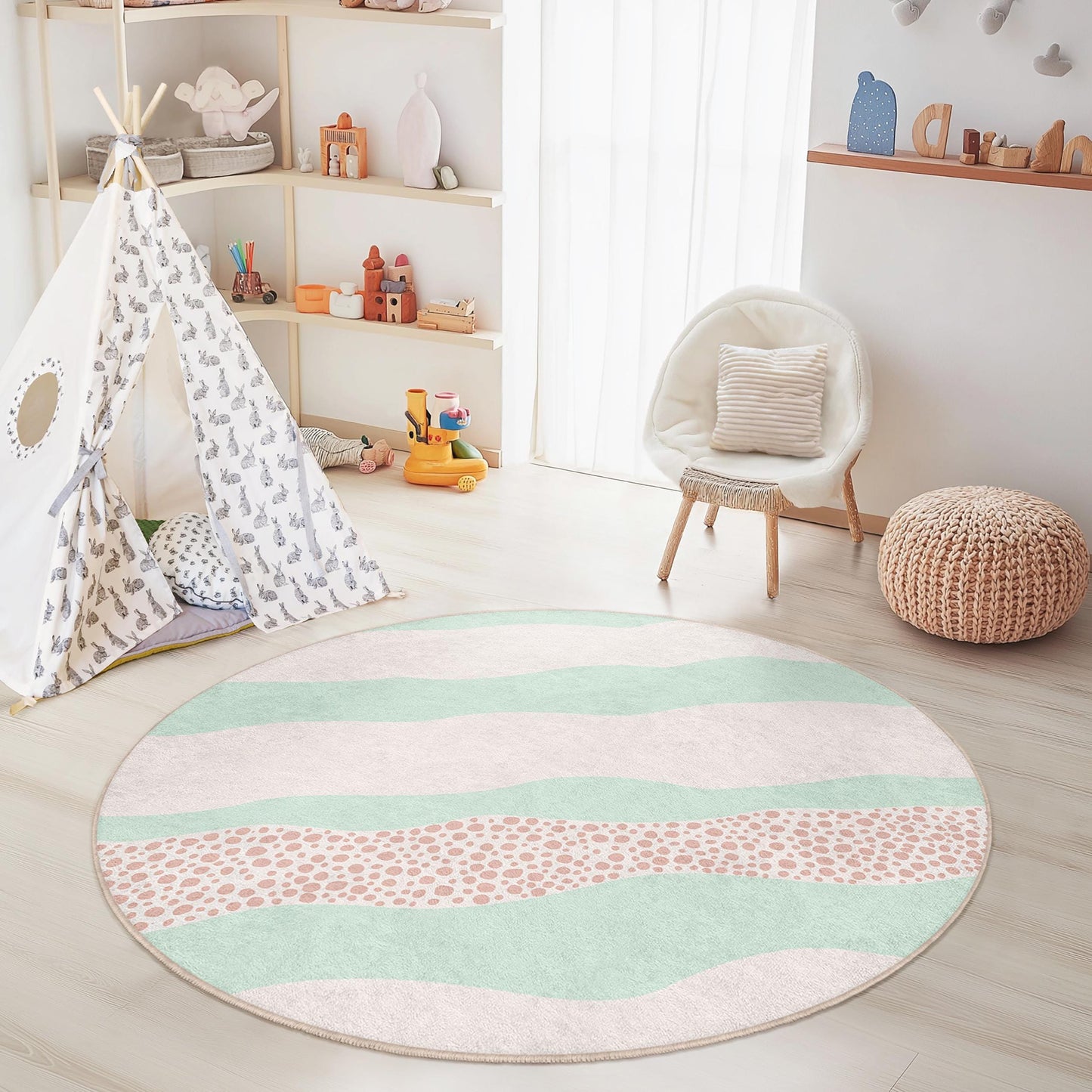 Pastel Waves Kids Rug: Soft Playroom Circle Carpet