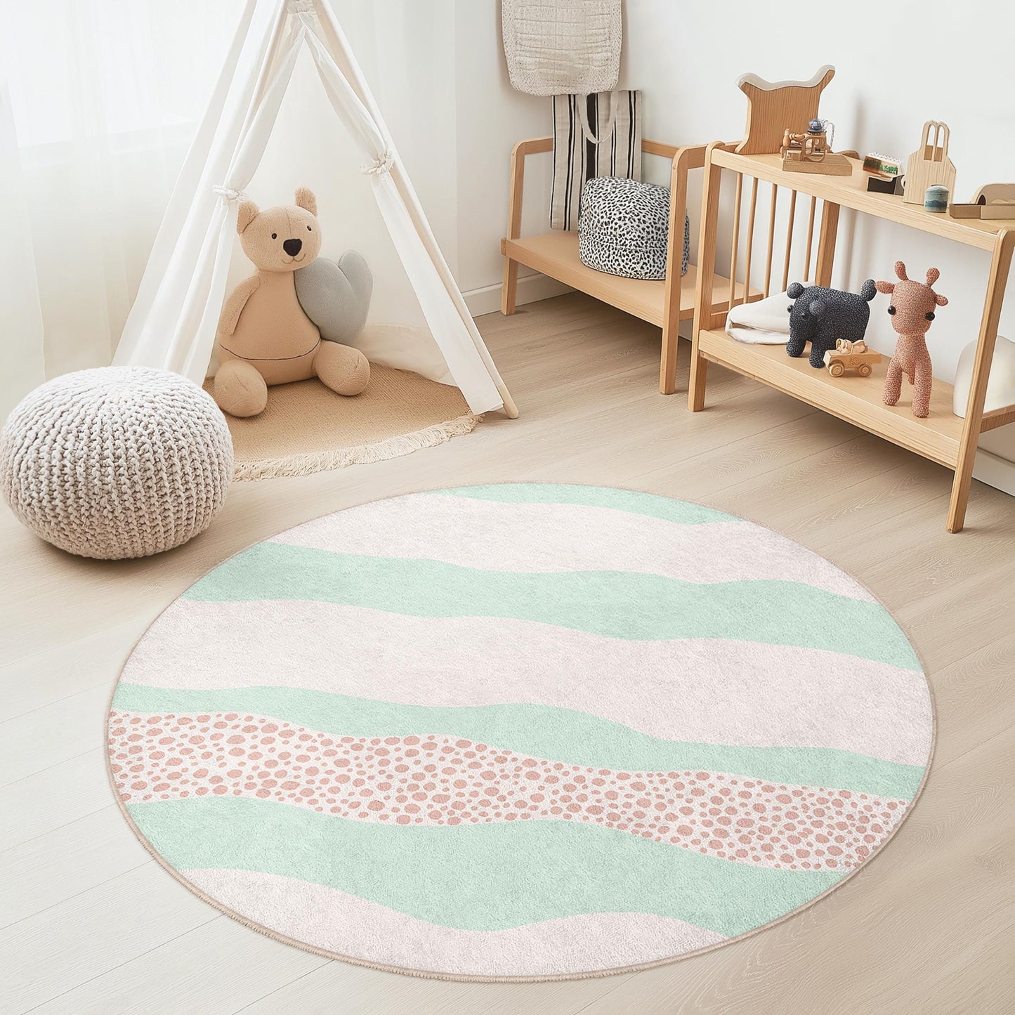 Pastel Waves Kids Rug: Soft Playroom Circle Carpet