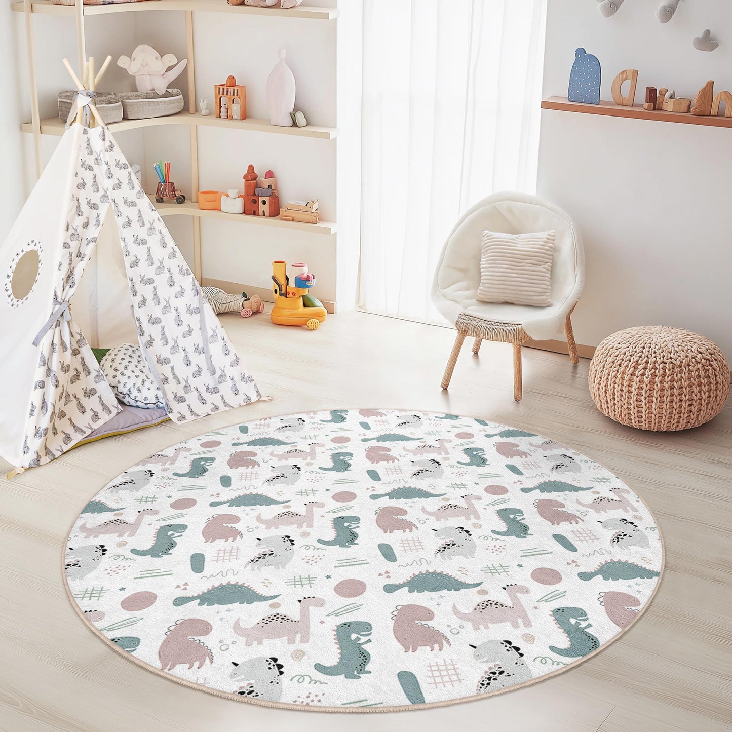 Dinosaur Kids Rug: Round Play Mat, Personalized Nursery Decor