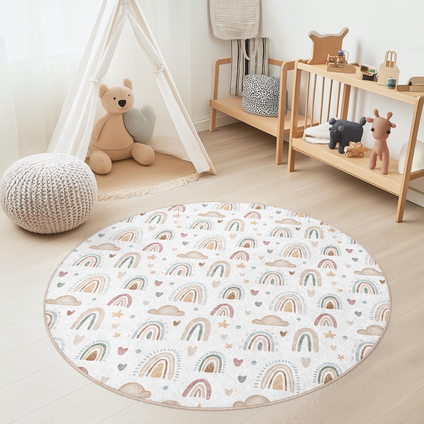 Rainbow Cloud Kids Round Rug: Playroom Nursery Decor