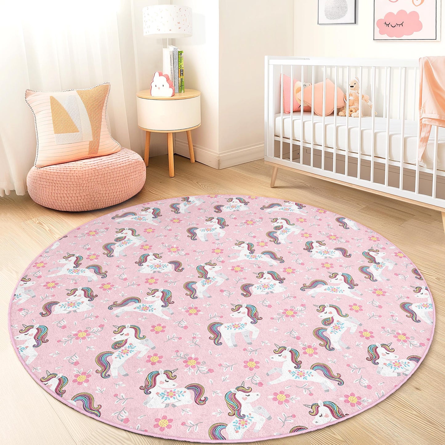 Whimsical Unicorn Kids Rug: Soft Pink Playroom Carpet