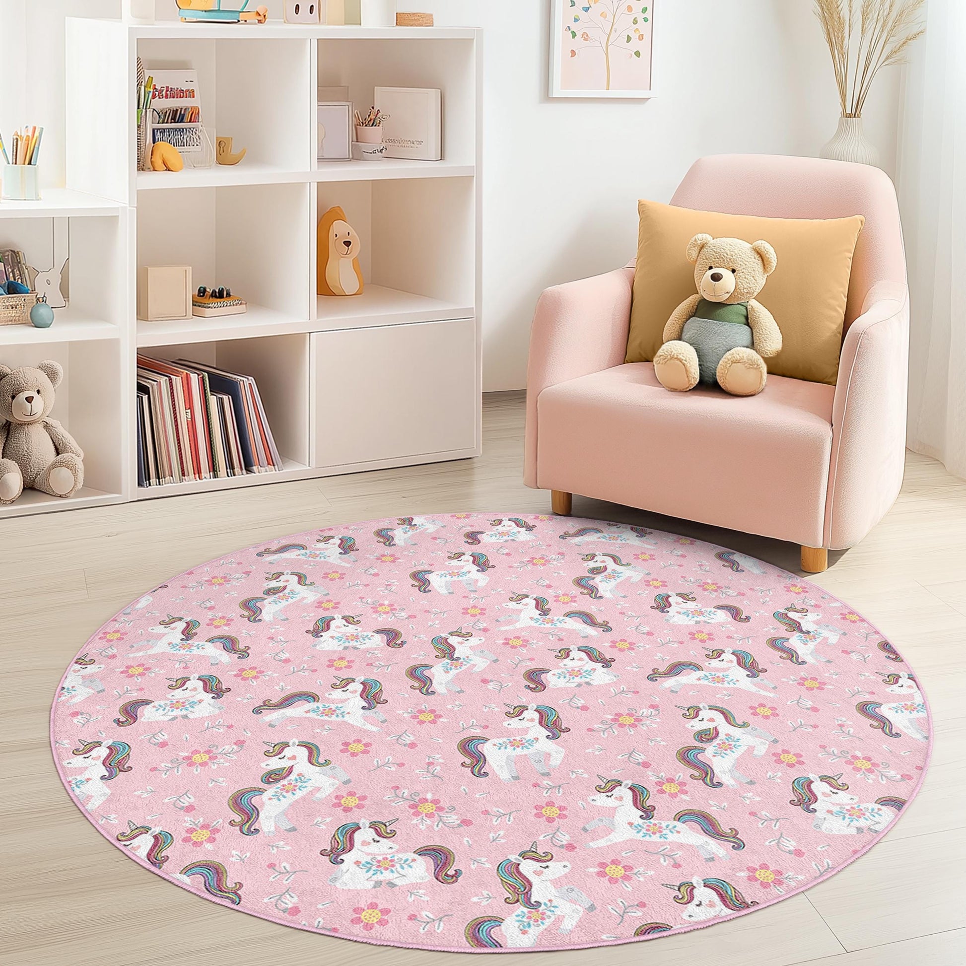 Whimsical Unicorn Kids Rug: Soft Pink Playroom Carpet