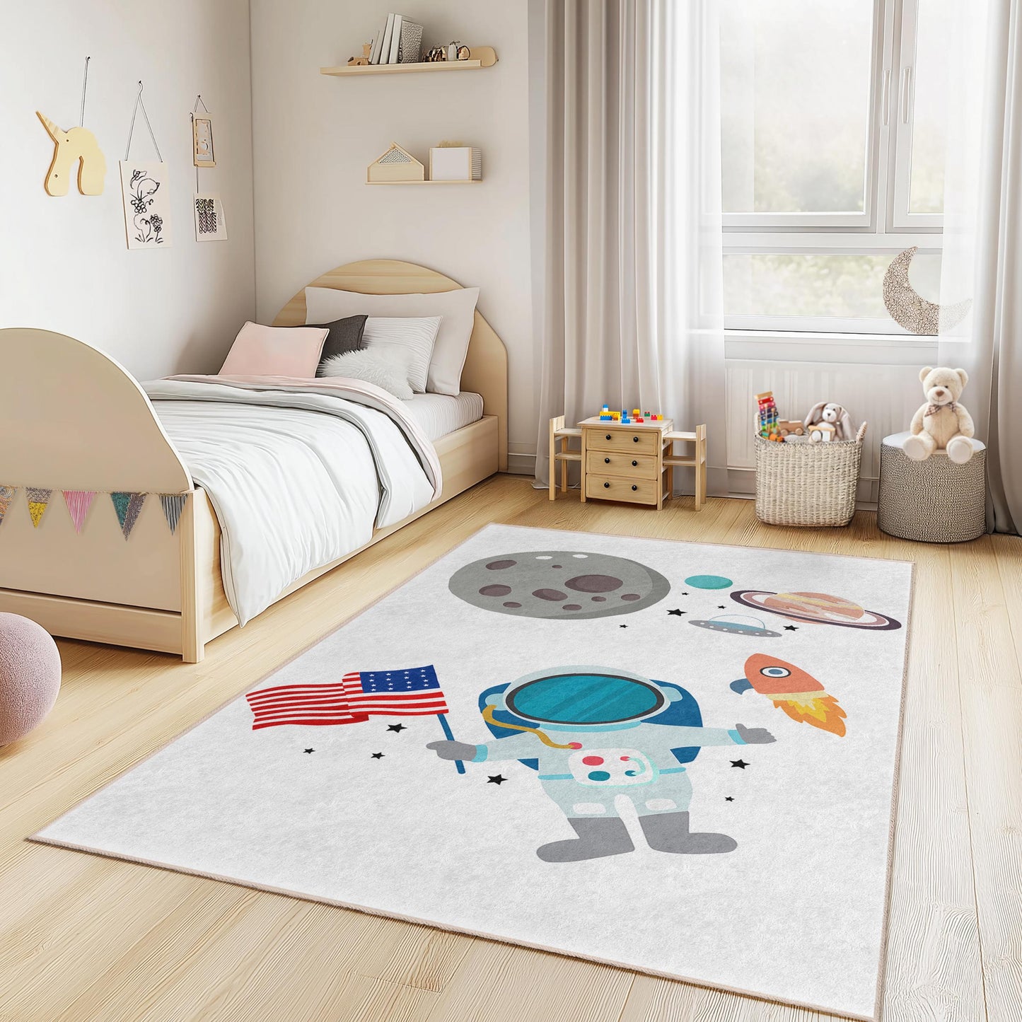 Galaxy Decor, Astronaut Space Adventure Kids Rug, Rectangular Play Mat, Space Theme Carpet for Children's Room, Kids Room Rug