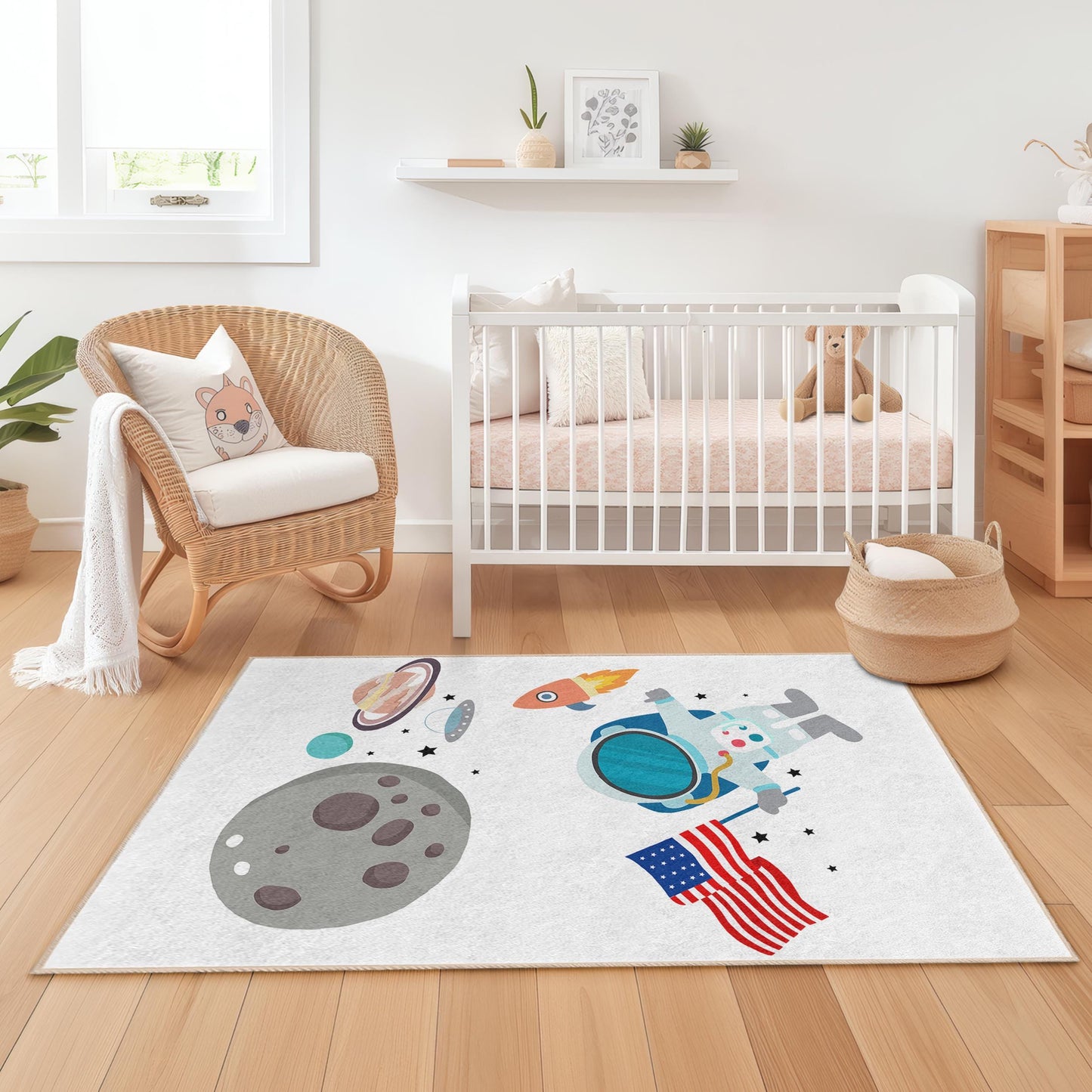 Galaxy Decor, Astronaut Space Adventure Kids Rug, Rectangular Play Mat, Space Theme Carpet for Children's Room, Kids Room Rug