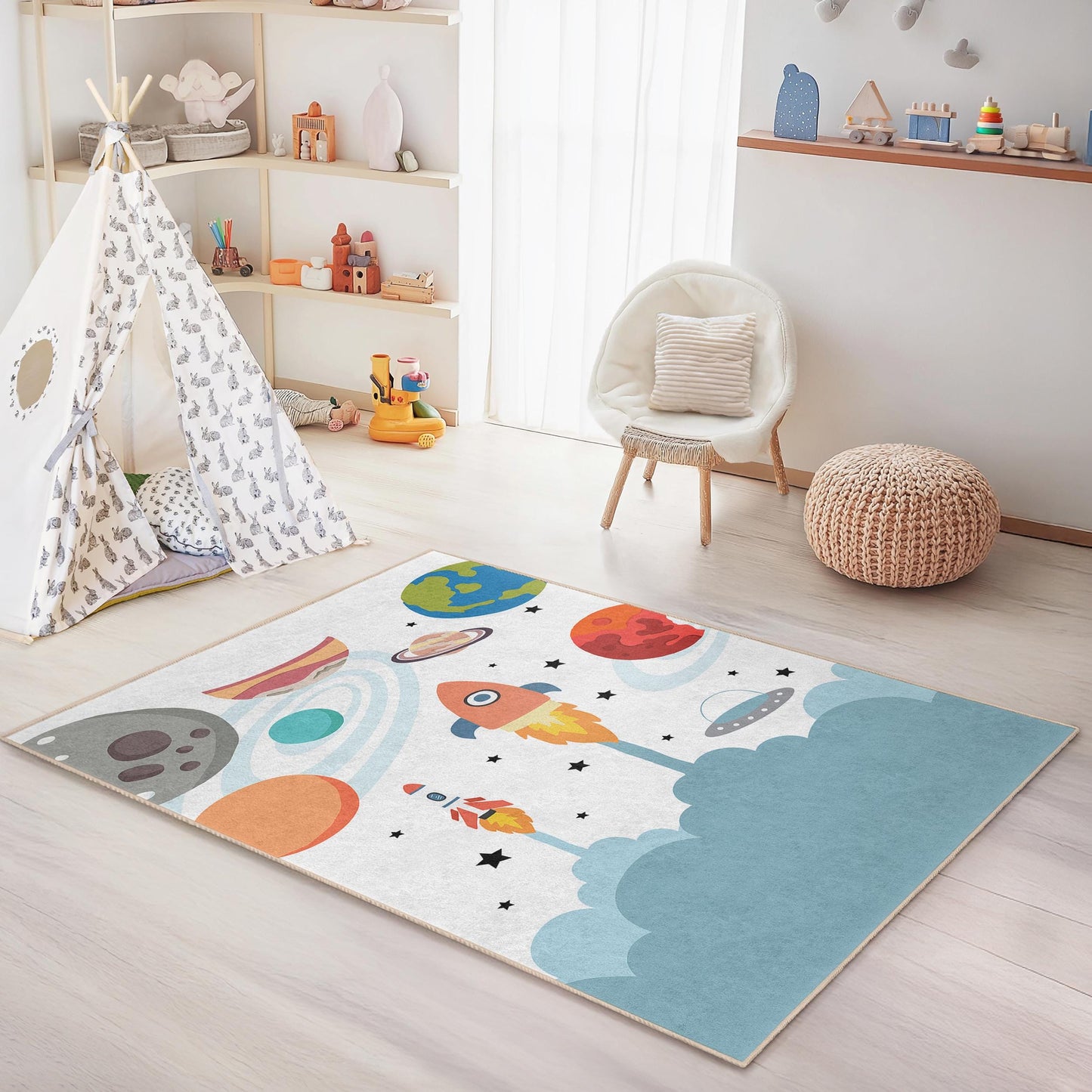 Space Adventure Kids Rug: Rocket & Planet Playroom Decor