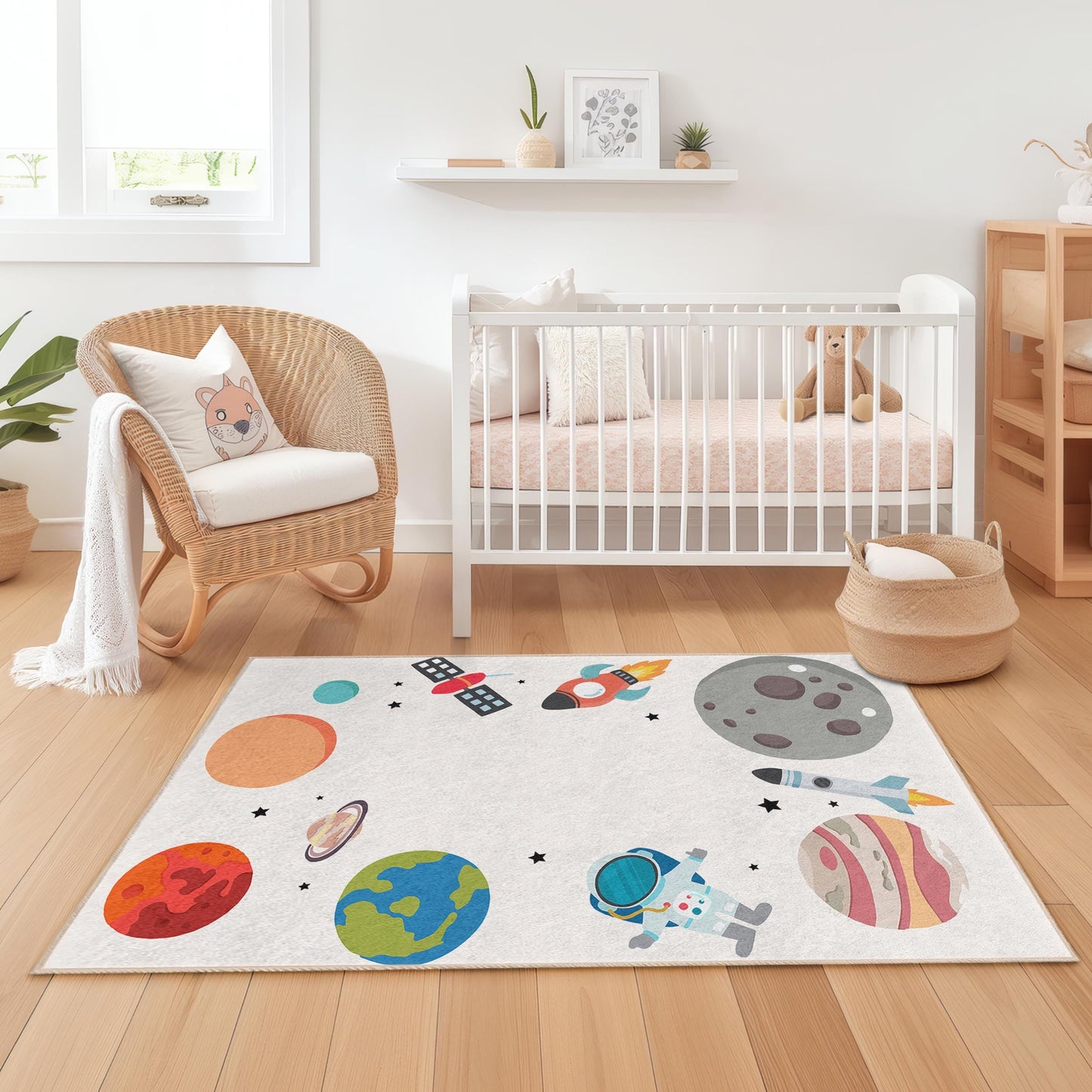 Cosmic Adventure Kids Rug, Space Theme Play Mat, Rectangle Kids Room Carpet, Astronaut Rug, Galaxy Decor for Children