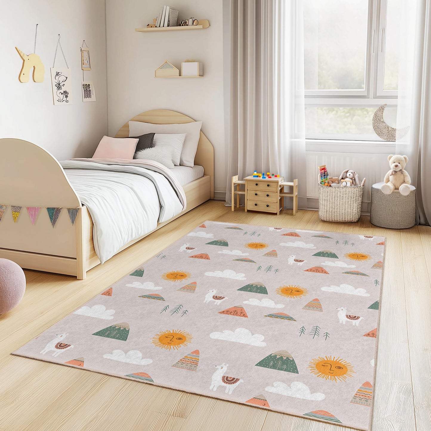 Mountain Sun Playful Kids Rug, Cute Animal Kids Carpet, Rectangular Nursery Rug, Colorful Kids Room Decor
