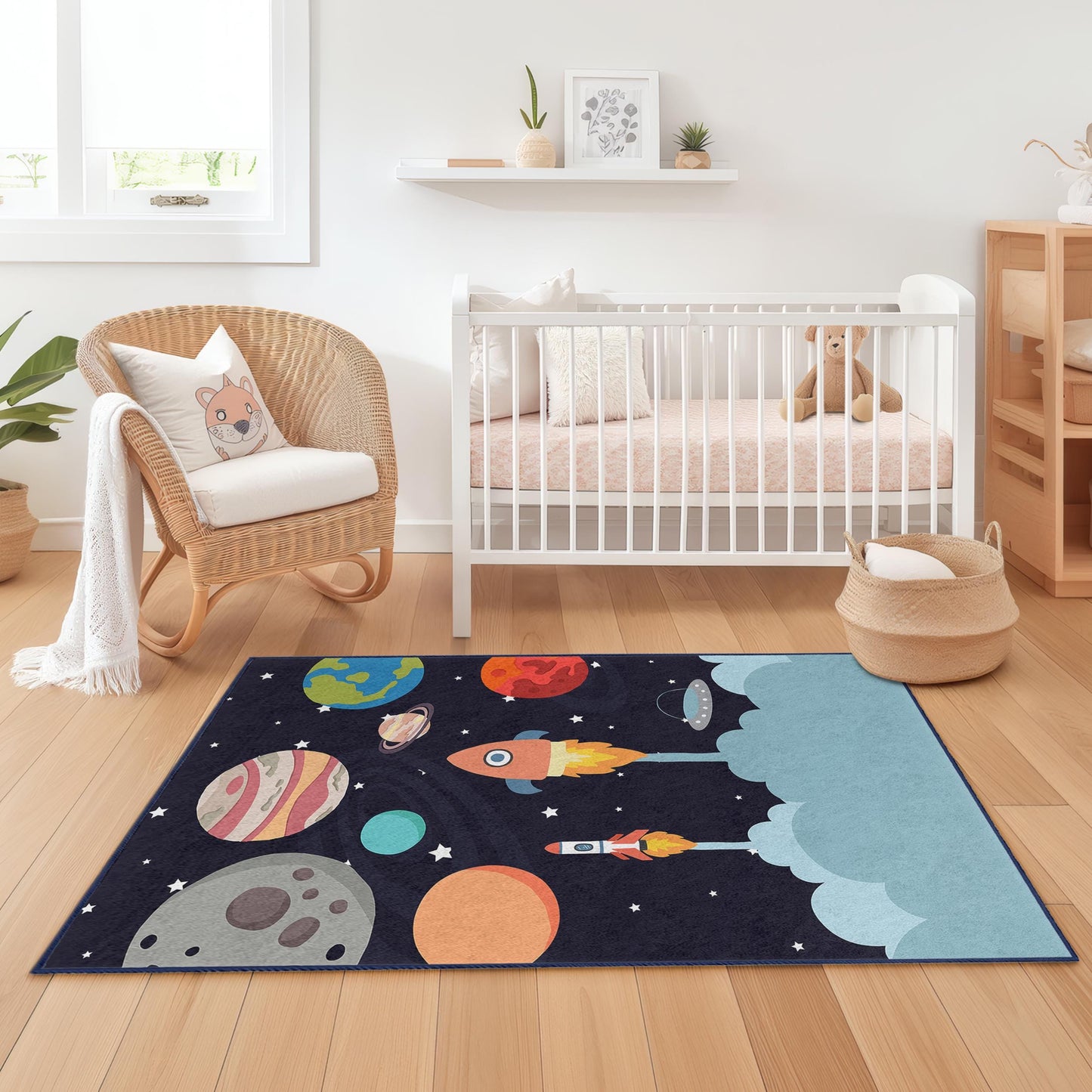 Outer Space Decor, Space Adventure Kids Rug, Rocket and Planet Play Mat, Rectangle Kids Room Carpet, , Nursery Rug