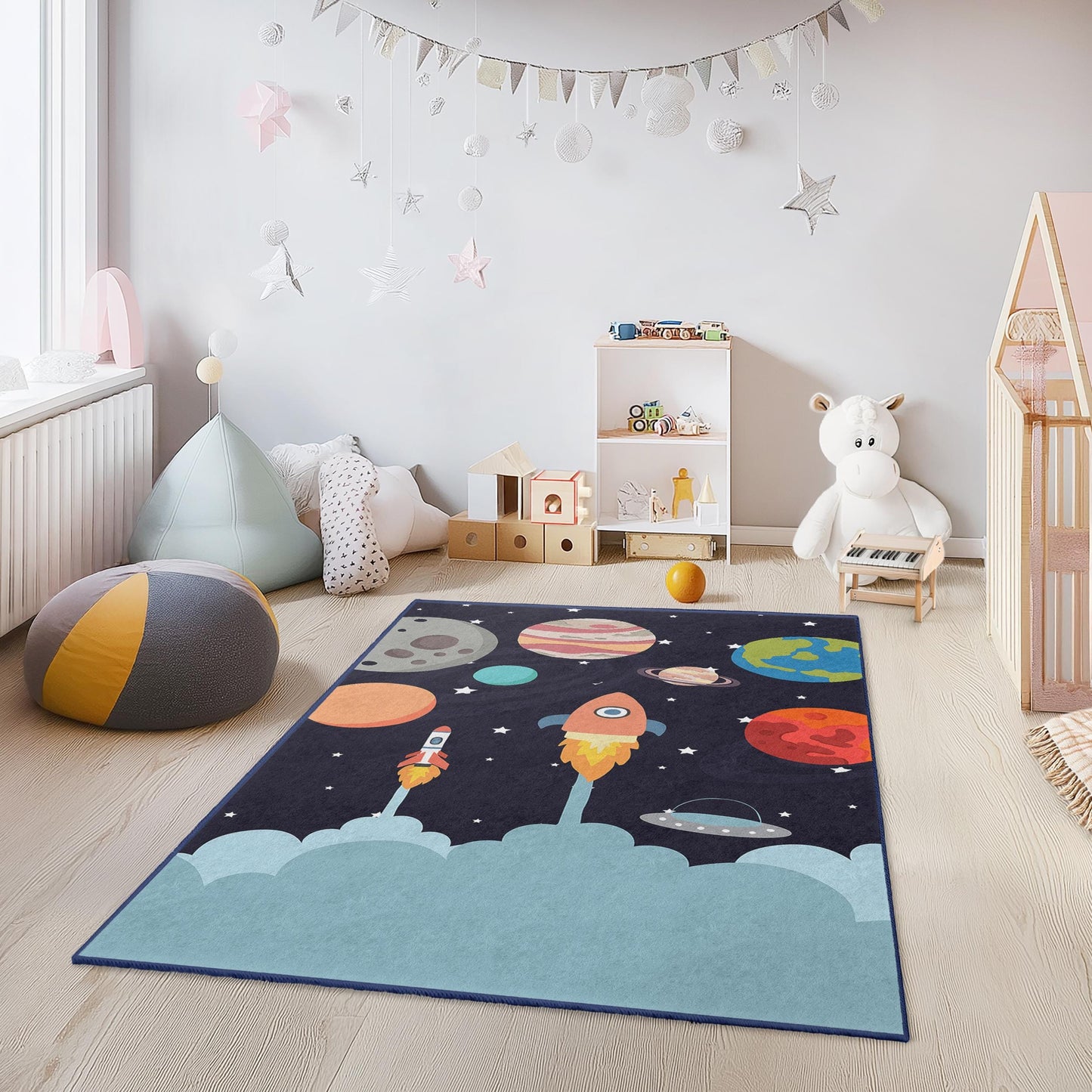 Outer Space Decor, Space Adventure Kids Rug, Rocket and Planet Play Mat, Rectangle Kids Room Carpet, , Nursery Rug