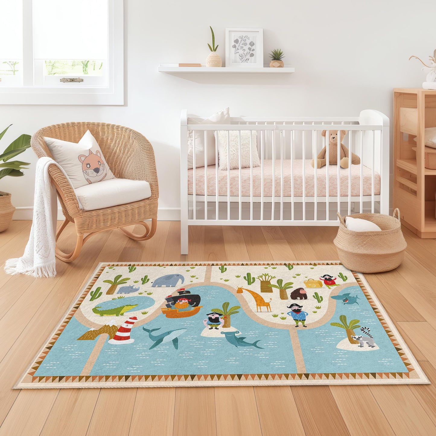 Adventure Island Kids Play Rug, Rectangular Kids Carpet, Playroom Decor, Safari Theme Rug, Soft Nursery Mat, Animal Adventure Rug
