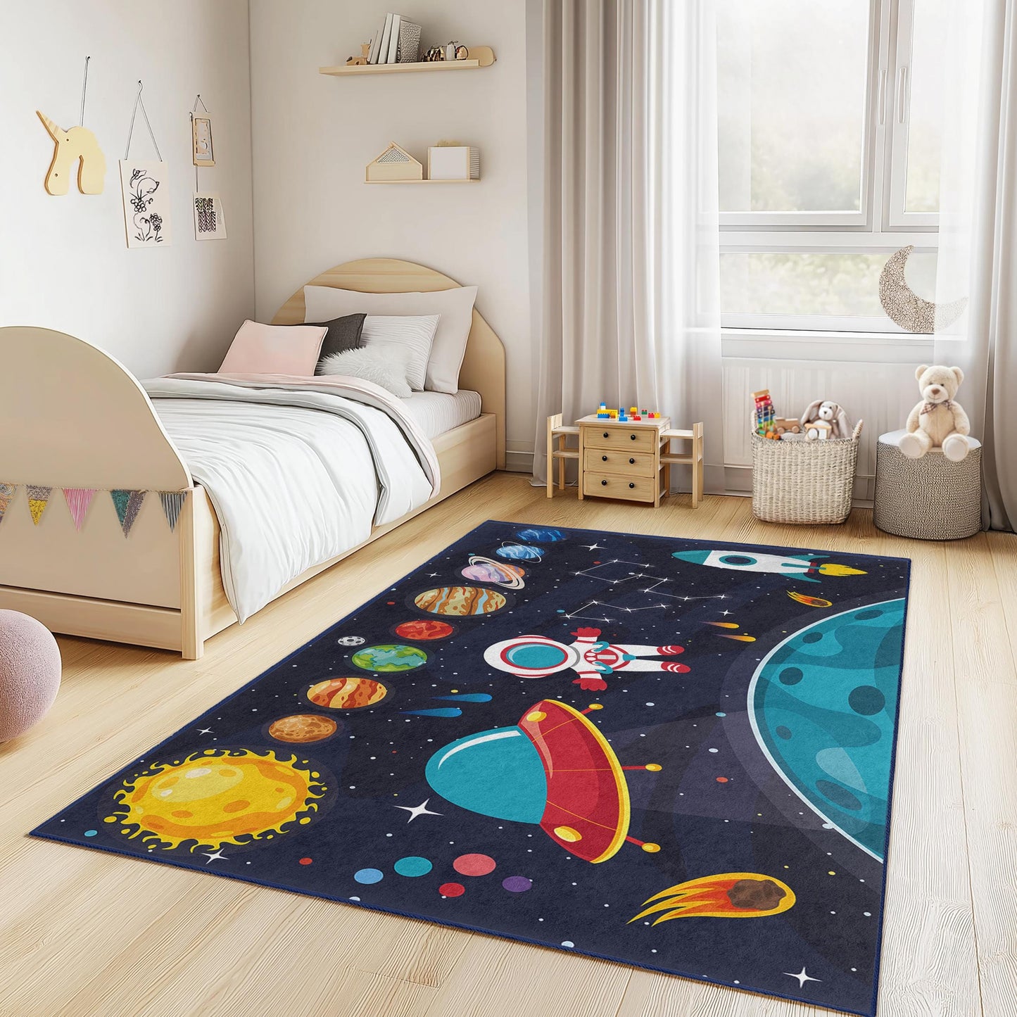 Outer Space Decor, Galaxy Rug, Cosmic Adventure Rectangle Kids Rug, Space Exploration Play Mat, Astronaut Rug for Kids Room,