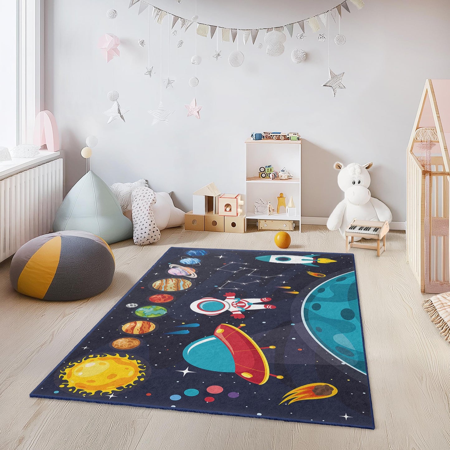 Outer Space Decor, Galaxy Rug, Cosmic Adventure Rectangle Kids Rug, Space Exploration Play Mat, Astronaut Rug for Kids Room,
