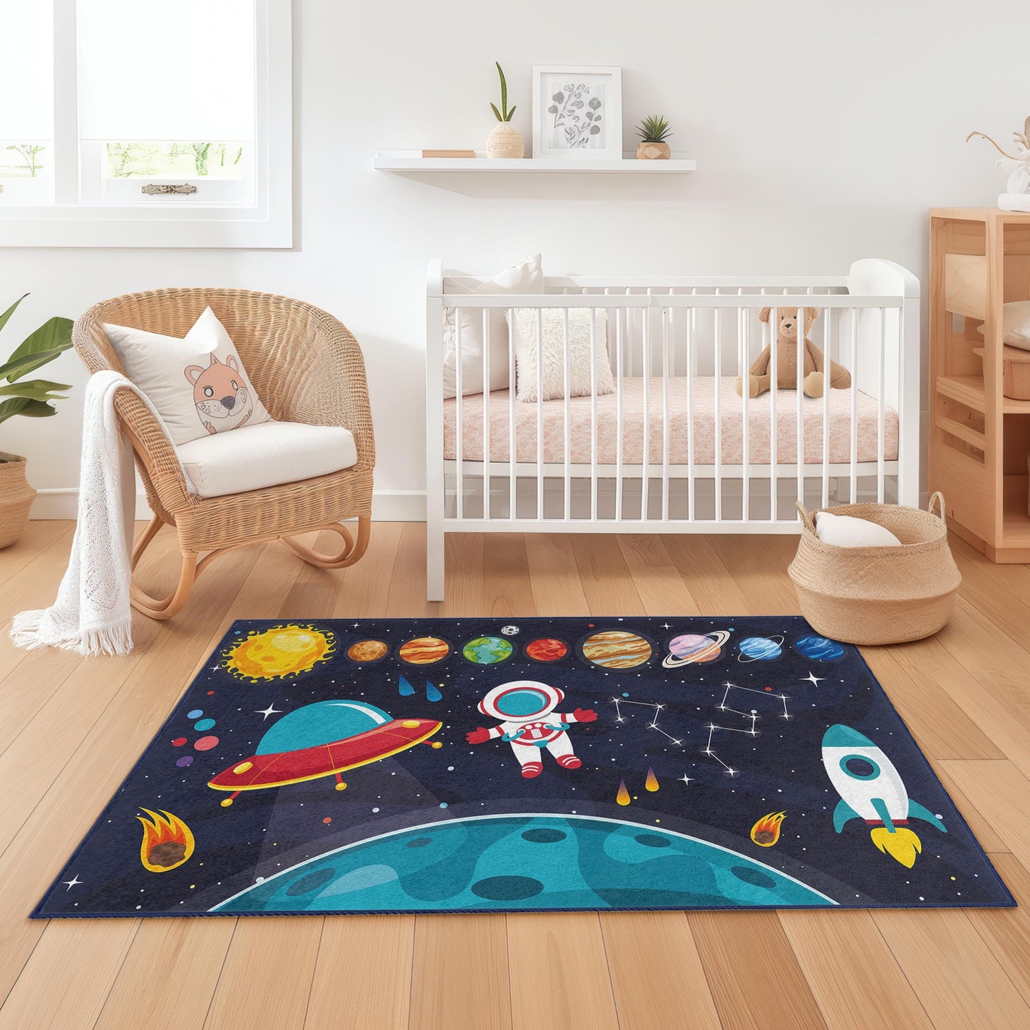 Outer Space Decor, Galaxy Rug, Cosmic Adventure Rectangle Kids Rug, Space Exploration Play Mat, Astronaut Rug for Kids Room,