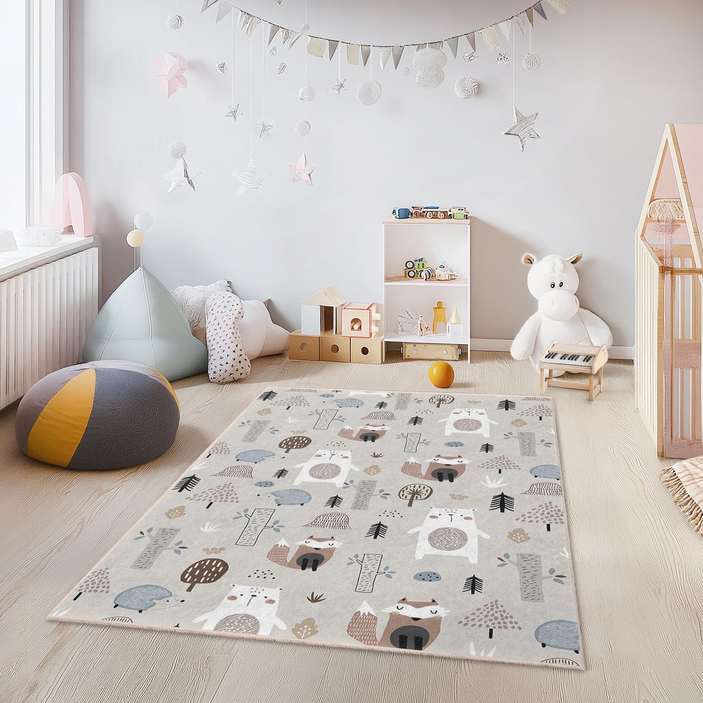 Woodland Themed Rug,Whimsical Forest Adventure Kids Play Rug,Cute Animal Pattern, Rectangular Kids Carpet,Nursery Decor, Woodland Themed Rug