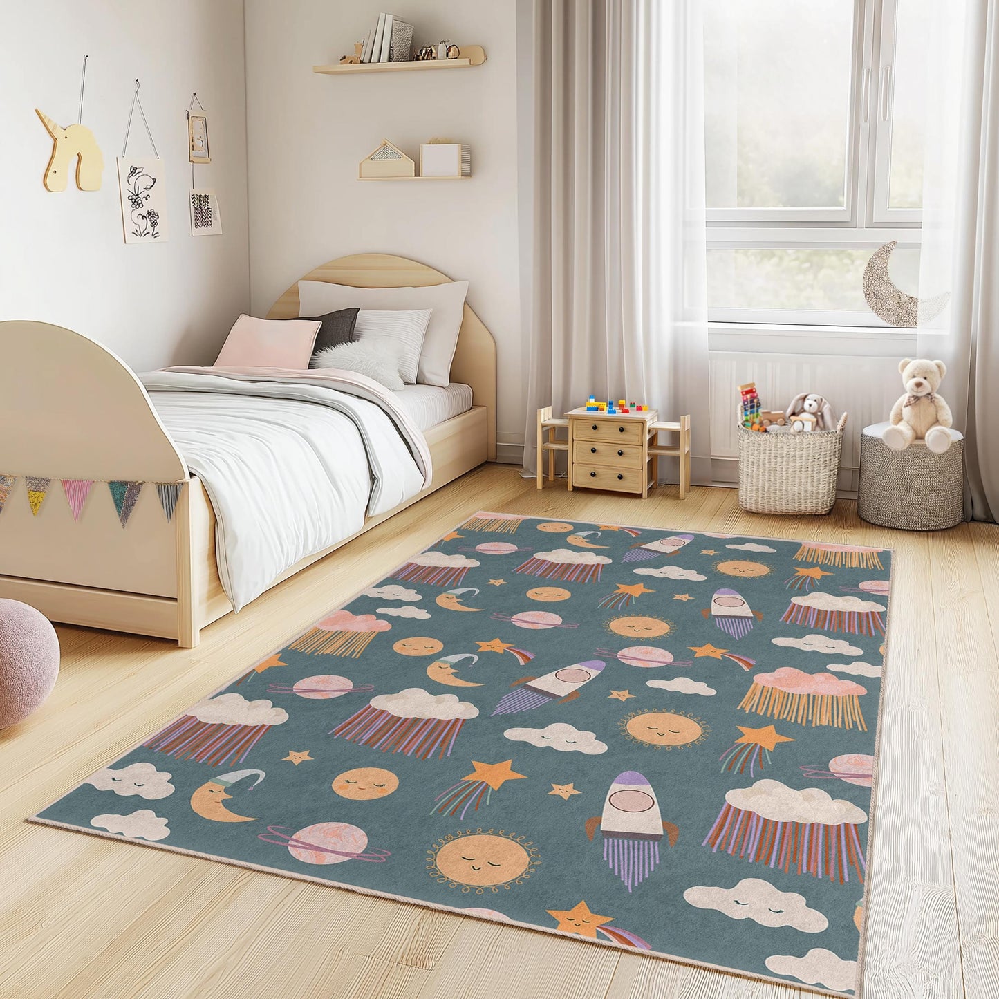 Playroom Carpet for Children,Whimsical Space Adventure Kids Rug, Rocket and Planet Rectangle Rug, Nursery Decor,