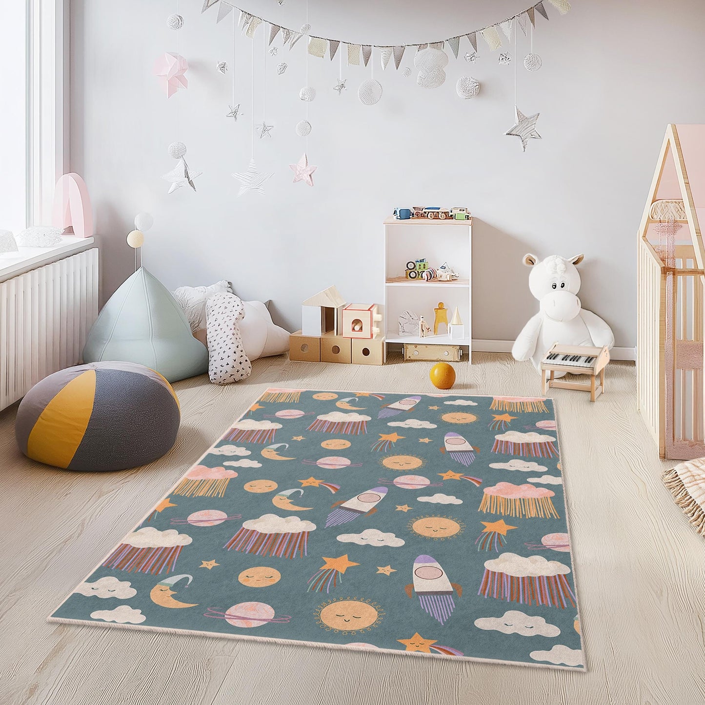 Playroom Carpet for Children,Whimsical Space Adventure Kids Rug, Rocket and Planet Rectangle Rug, Nursery Decor,