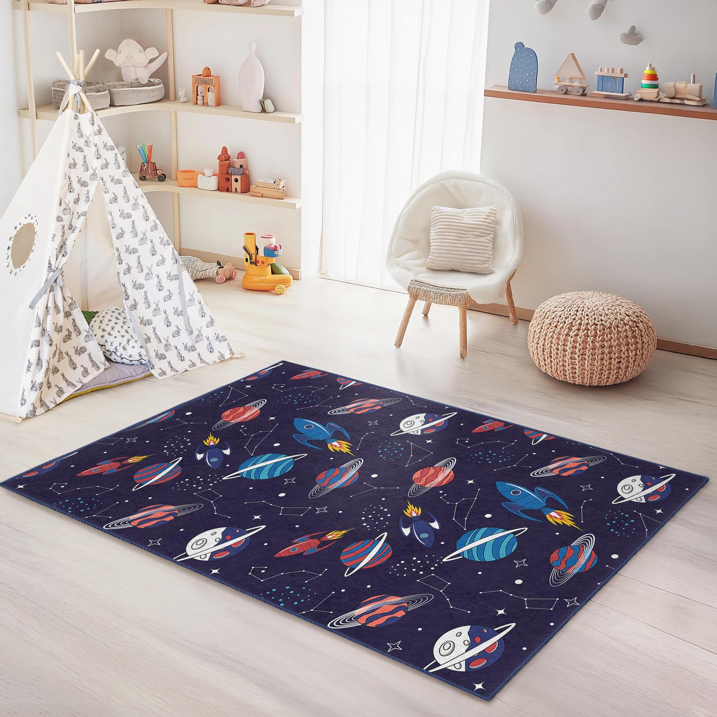 Space Adventure Kids Rug, Rocket and Planet Play Mat, Rectangle Childrens Carpet, Galaxy Theme Rug for Kids Room, Nursery Decor