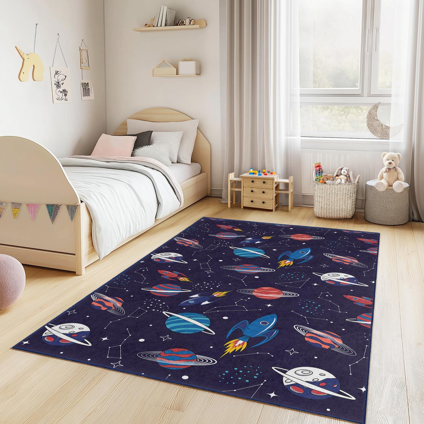Space Adventure Kids Rug, Rocket and Planet Play Mat, Rectangle Childrens Carpet, Galaxy Theme Rug for Kids Room, Nursery Decor