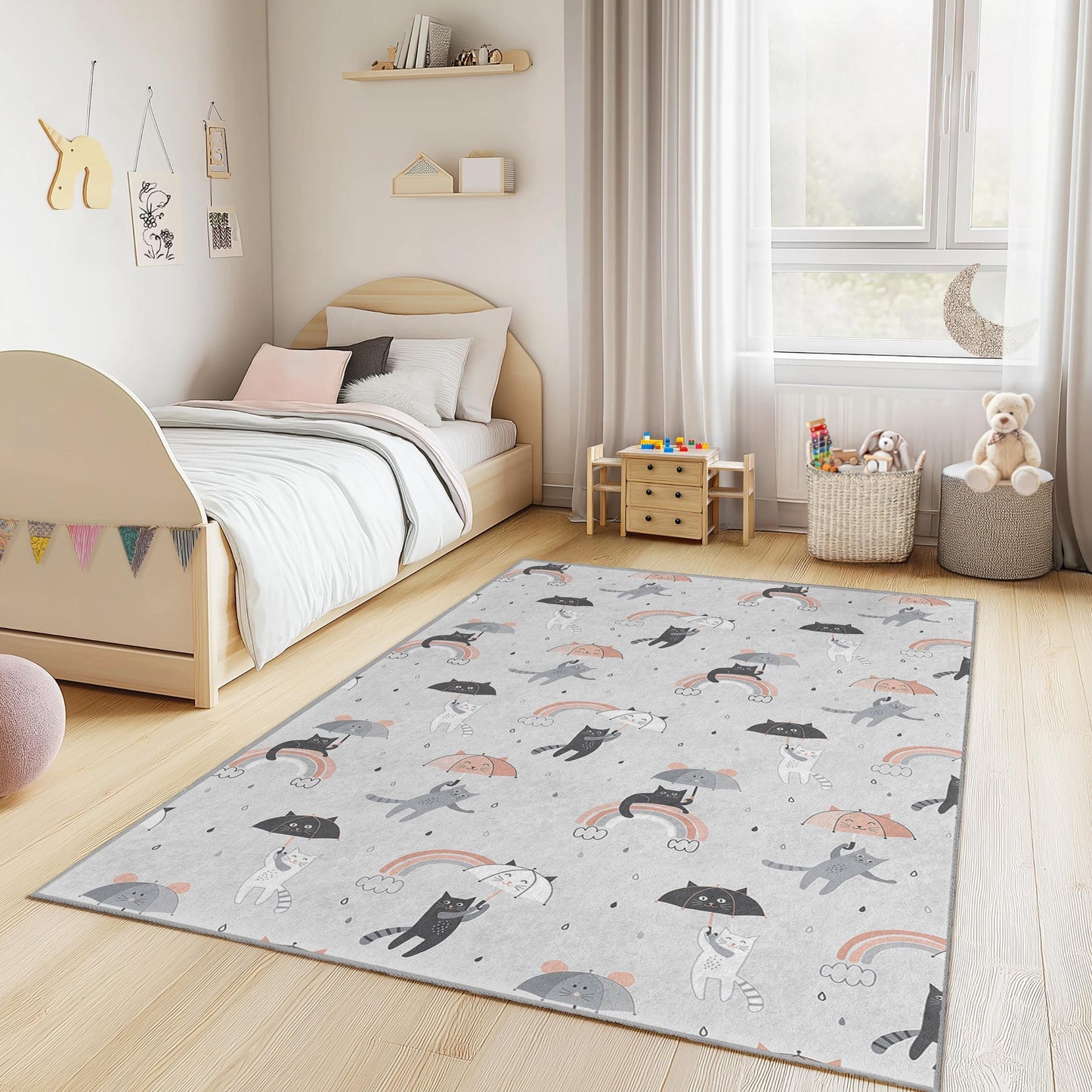 Cat Rainbow Play Rug, Cute Cat Pattern Kids Rug, Rectangular Kids Carpet, Playroom Decor, Soft Nursery Rug for Children