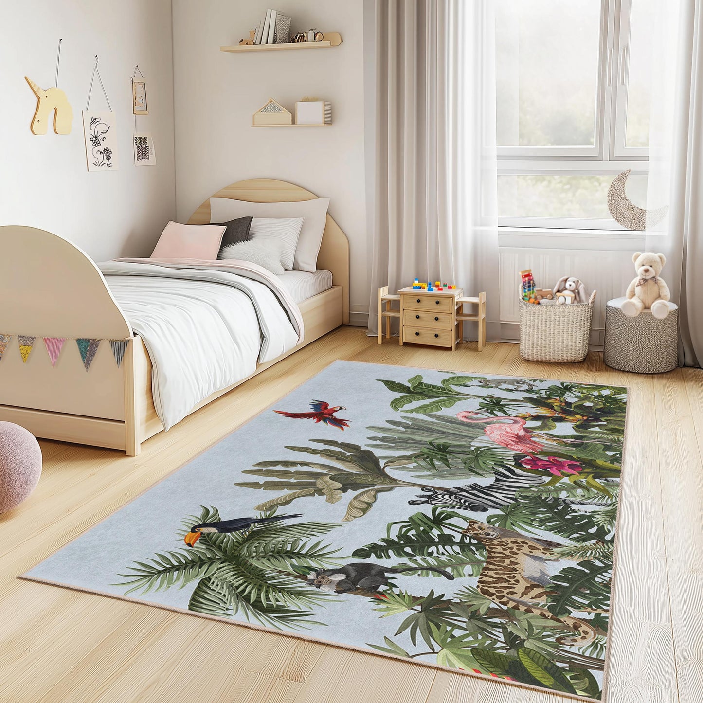 Tropical Paradise Kids Rug, Jungle Animal Play Mat, Rectangular Kids Room Carpet, Colorful Jungle Decor, Fun Kids Rug