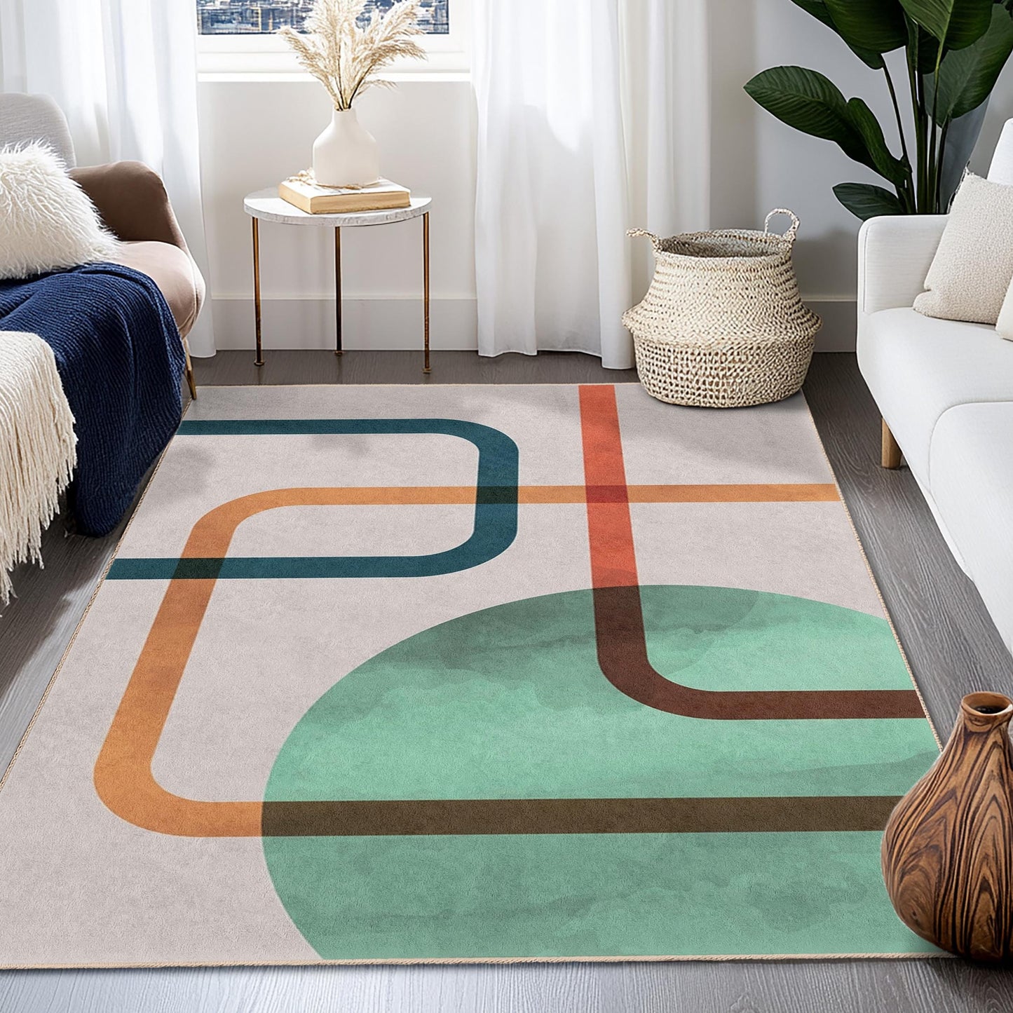 Soft and Easy-Clean Decor | Abstract Line Pattern Washable Rectangle Area Rug | Modern Living Room Carpet |