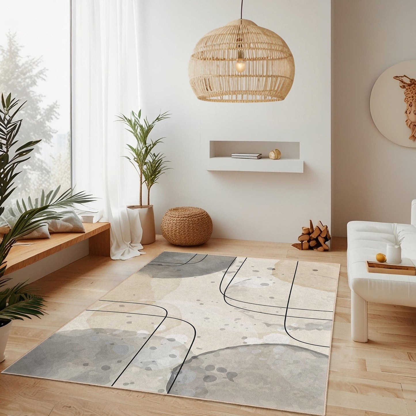 Modern Living Room Carpet | Abstract Line Pattern Rectangle Area Rug | Easy Clean Soft Rug | Stylish Home Decor