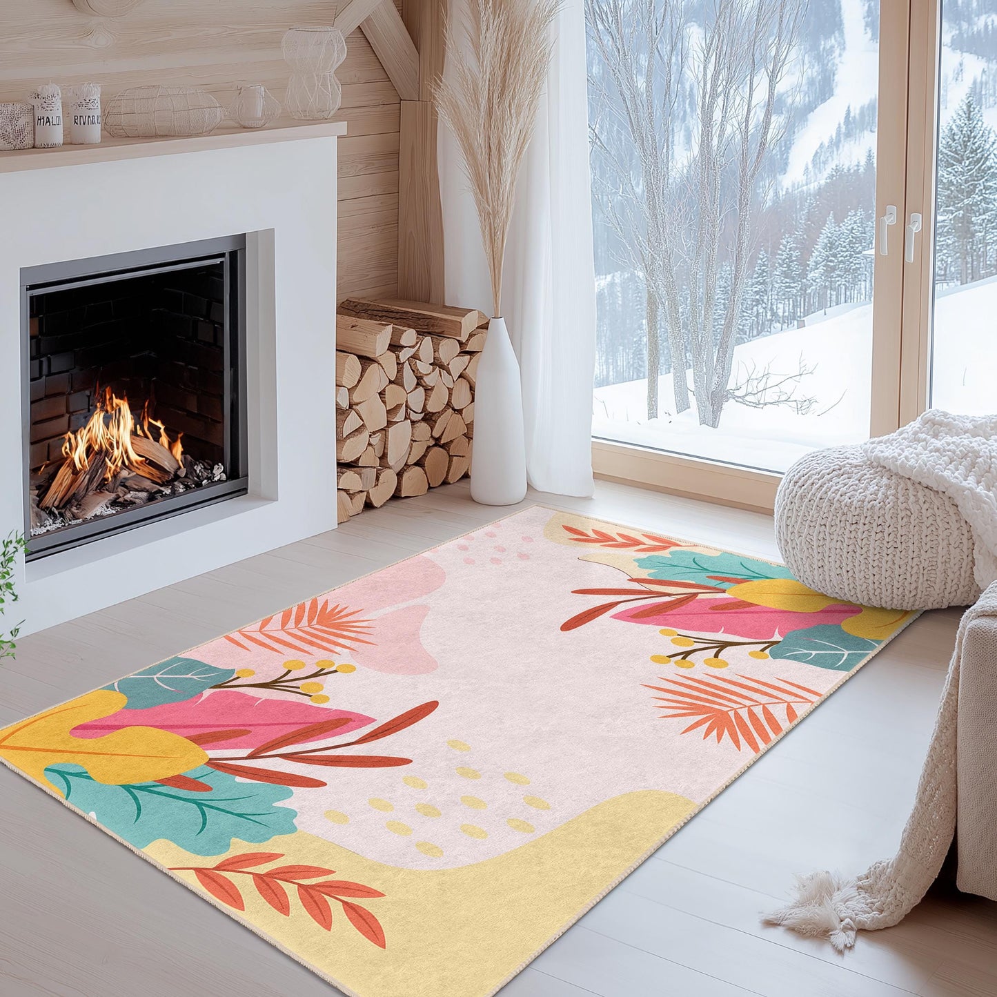 Leaf Pattern Rectangular Area Rug | Easy Clean Living Room Carpet | Floral Design Home Decor | Stylish Leaf Print Mat