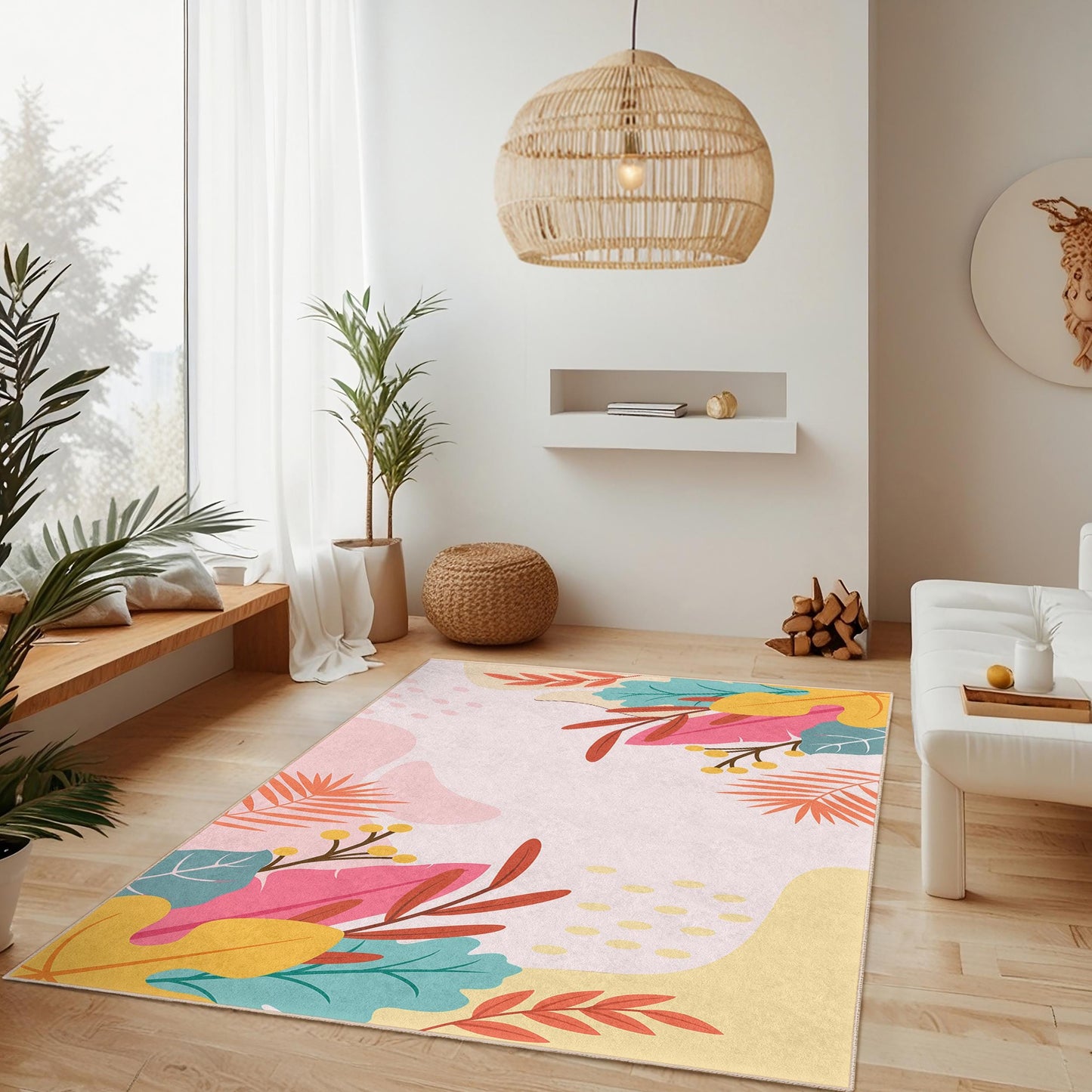Leaf Pattern Rectangular Area Rug | Easy Clean Living Room Carpet | Floral Design Home Decor | Stylish Leaf Print Mat