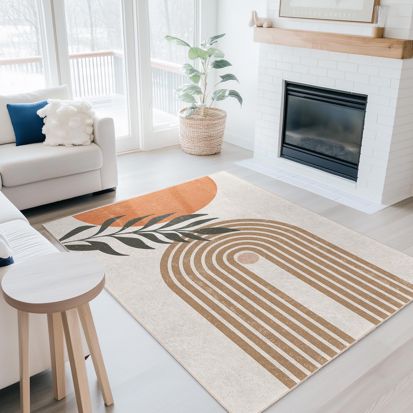 Leafy Line Art Area Rug: Modern Cotton Living Room Carpet