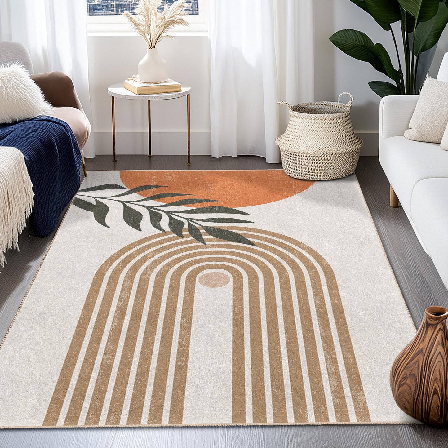 Leafy Line Art Area Rug: Modern Cotton Living Room Carpet