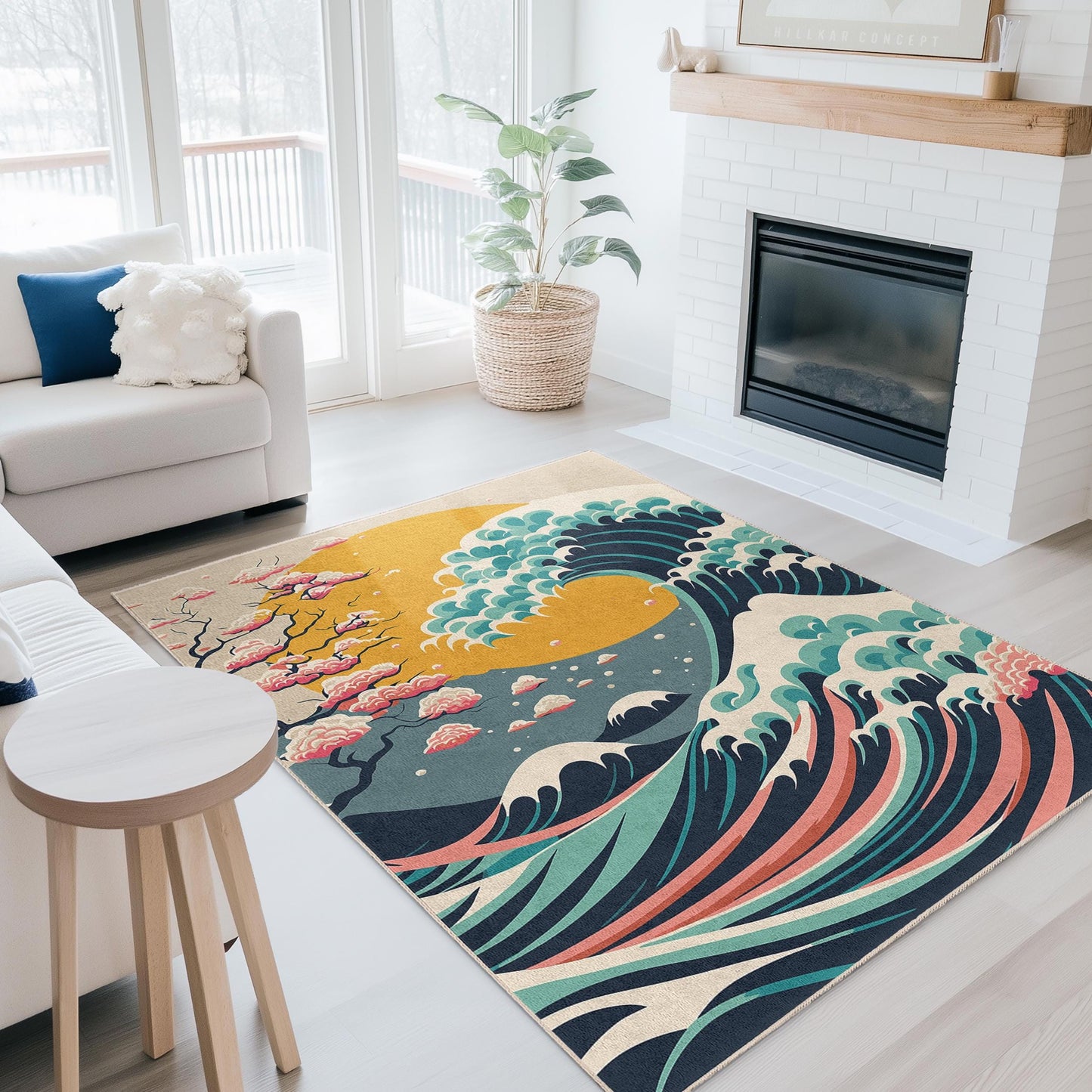 Nature Inspired Decorative Area Rug | Wave Pattern | Modern Rectangular Carpet for Living Room