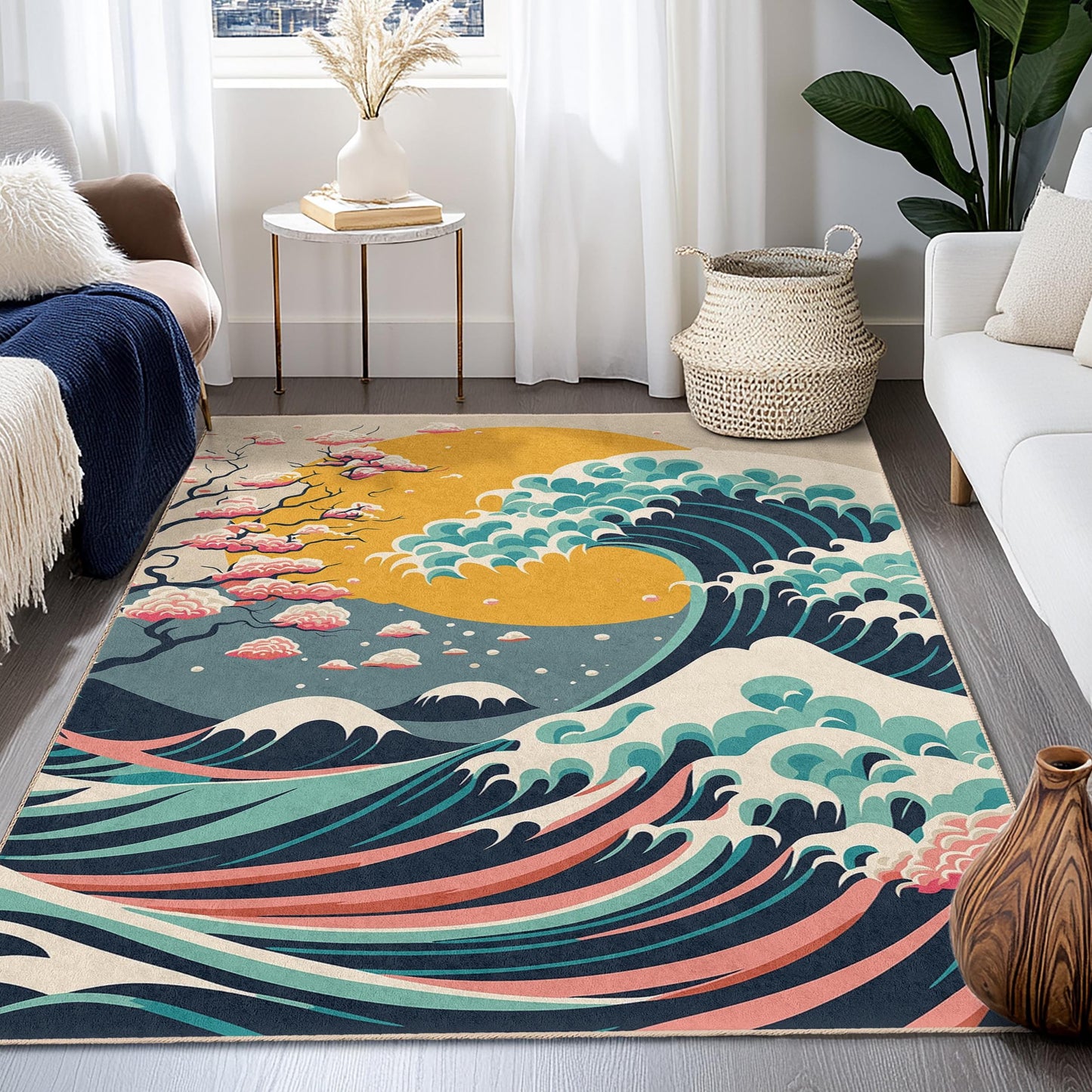 Nature Inspired Decorative Area Rug | Wave Pattern | Modern Rectangular Carpet for Living Room