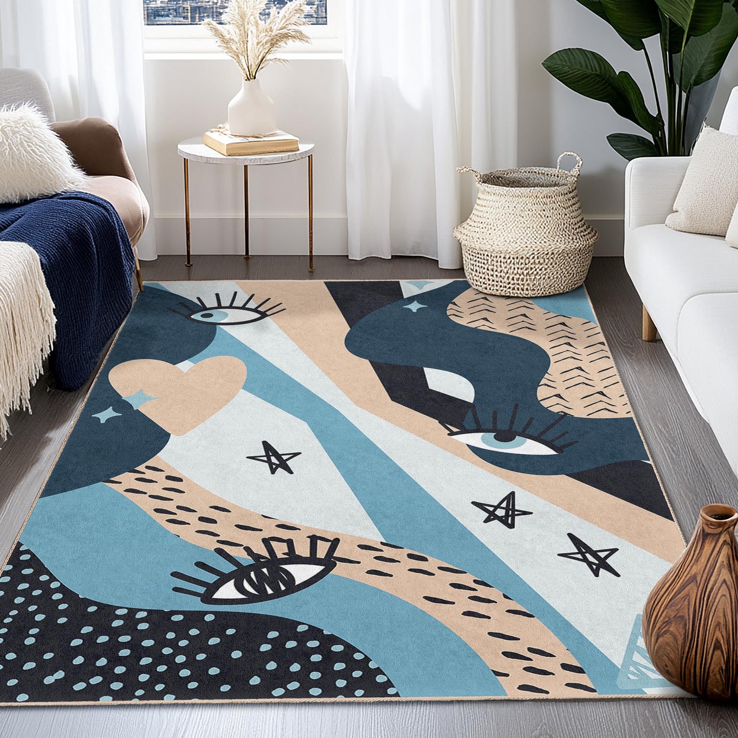 Abstract Eye Pattern Rectangular Area Rug | Modern Decorative Living Room Carpet | Soft Cotton Floor Mat | Stylish Home Decor