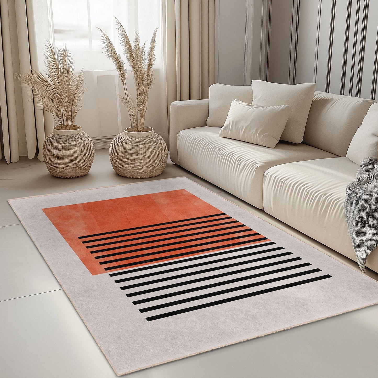Abstract Orange and Black Rectangular Area Rug | Modern Decorative Carpet for Living Room | Stylish Home Decor
