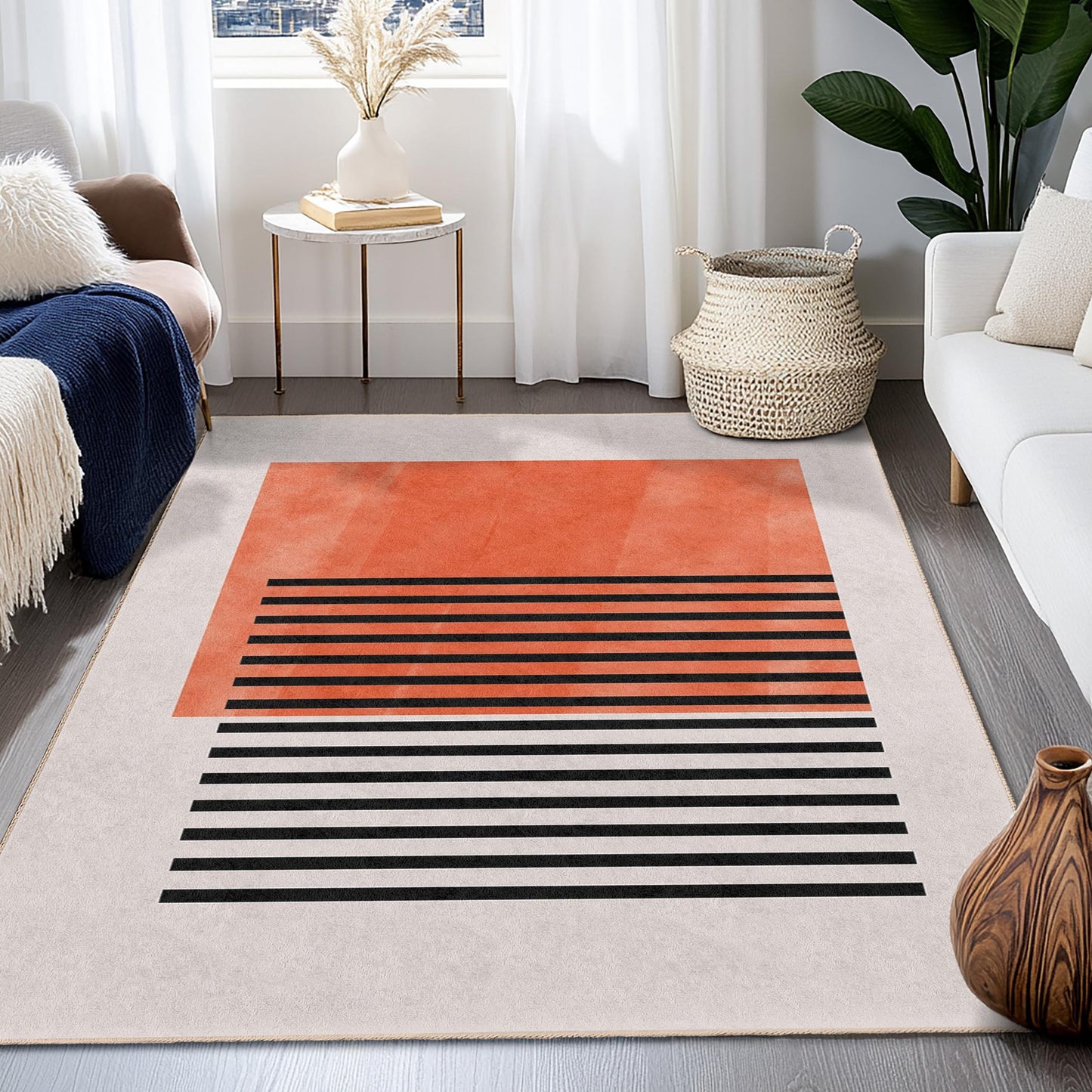 Abstract Orange and Black Rectangular Area Rug | Modern Decorative Carpet for Living Room | Stylish Home Decor