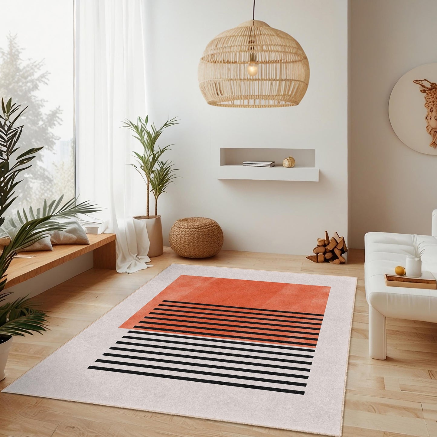 Abstract Orange and Black Rectangular Area Rug | Modern Decorative Carpet for Living Room | Stylish Home Decor