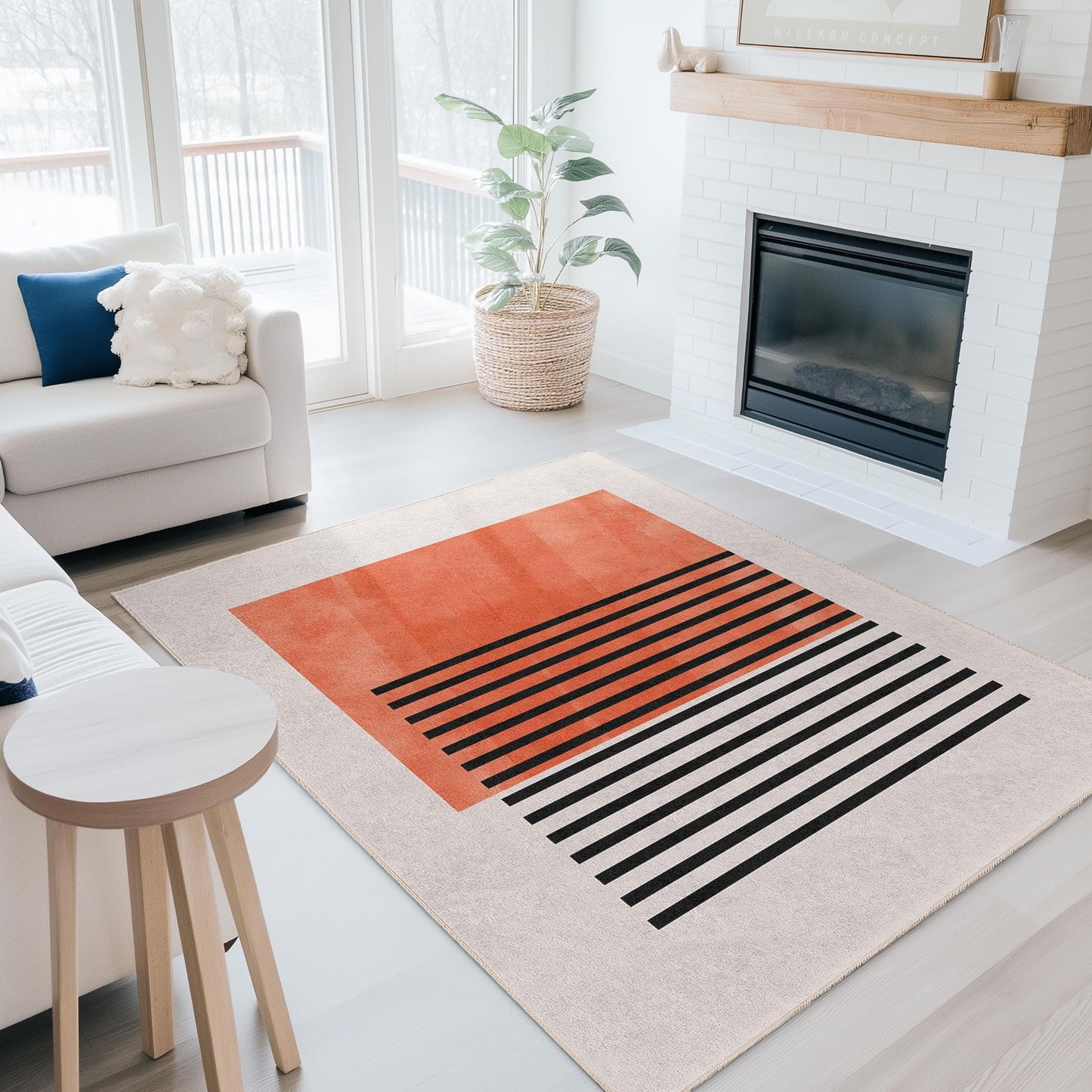 Abstract Orange and Black Rectangular Area Rug | Modern Decorative Carpet for Living Room | Stylish Home Decor