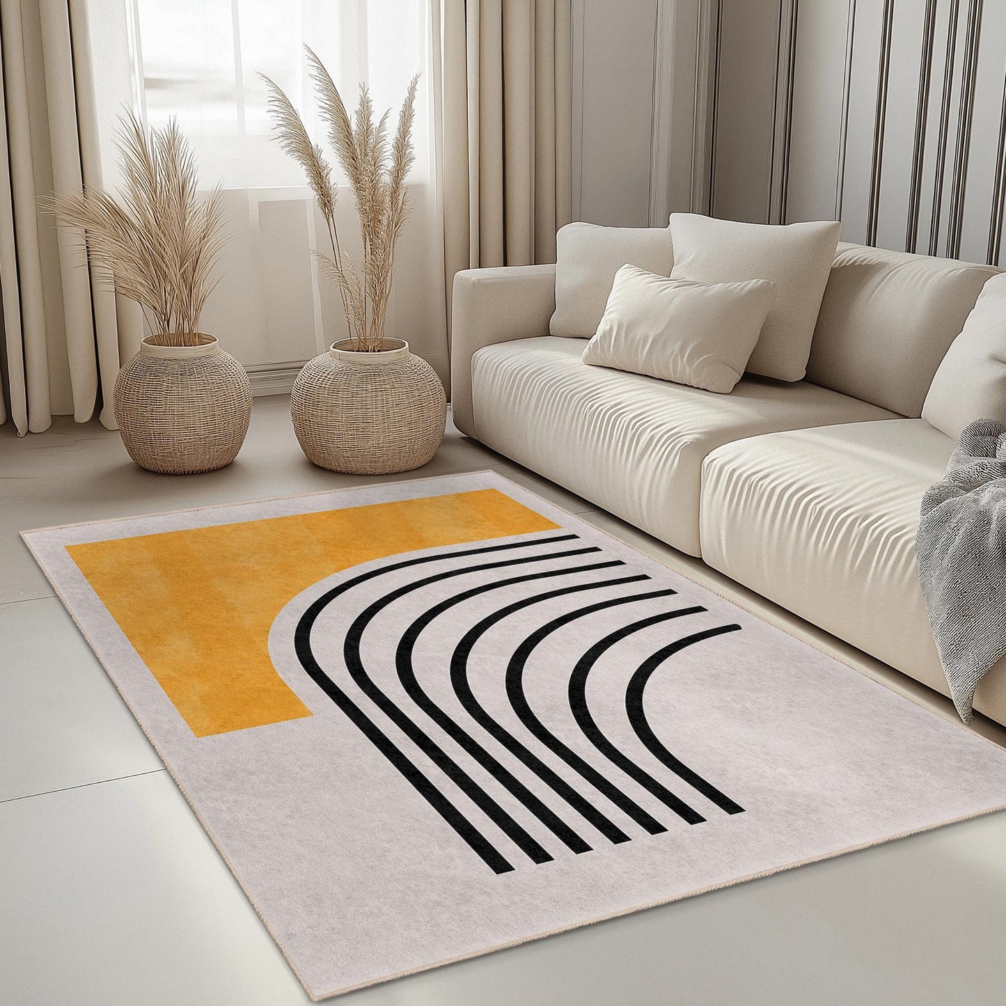 Yellow Striped Decorative Rectangular Area Rug | Modern Living Room Carpet | Stylish Home Dcor | Trendy Accent Rug