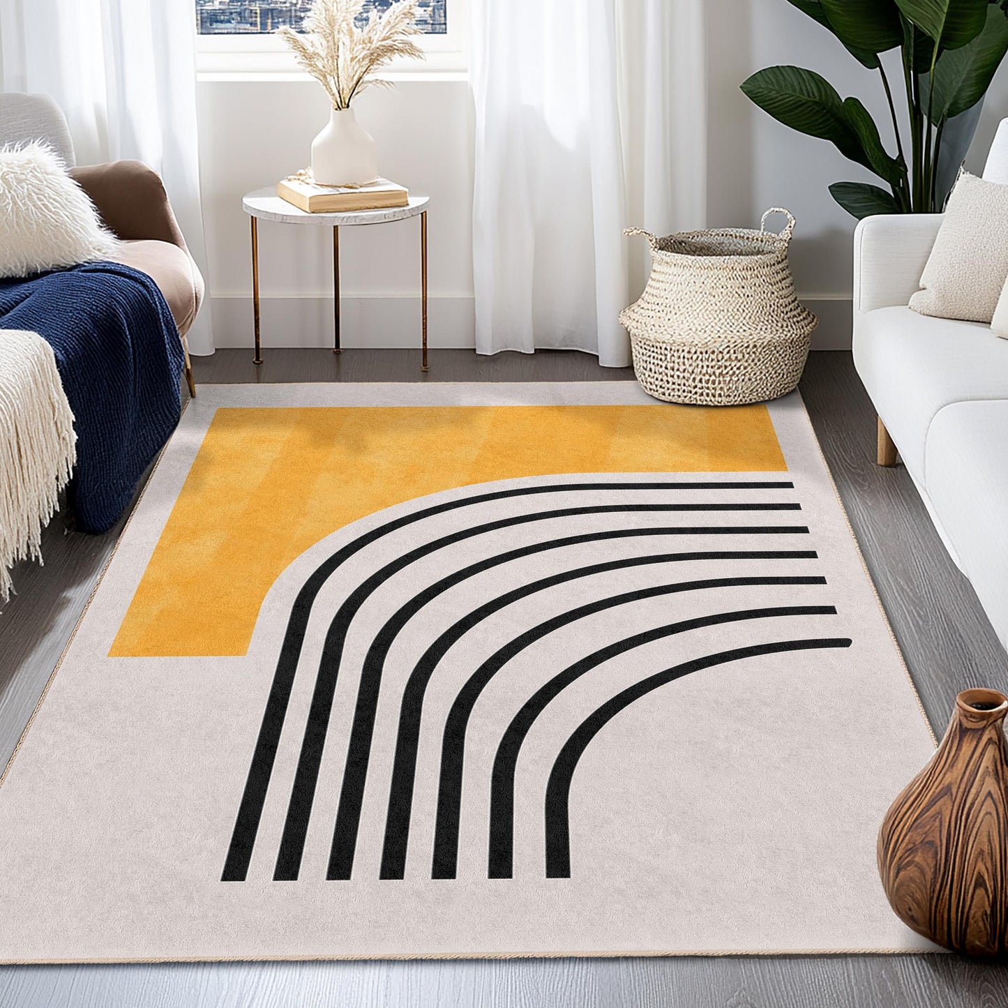 Yellow Striped Decorative Rectangular Area Rug | Modern Living Room Carpet | Stylish Home Dcor | Trendy Accent Rug