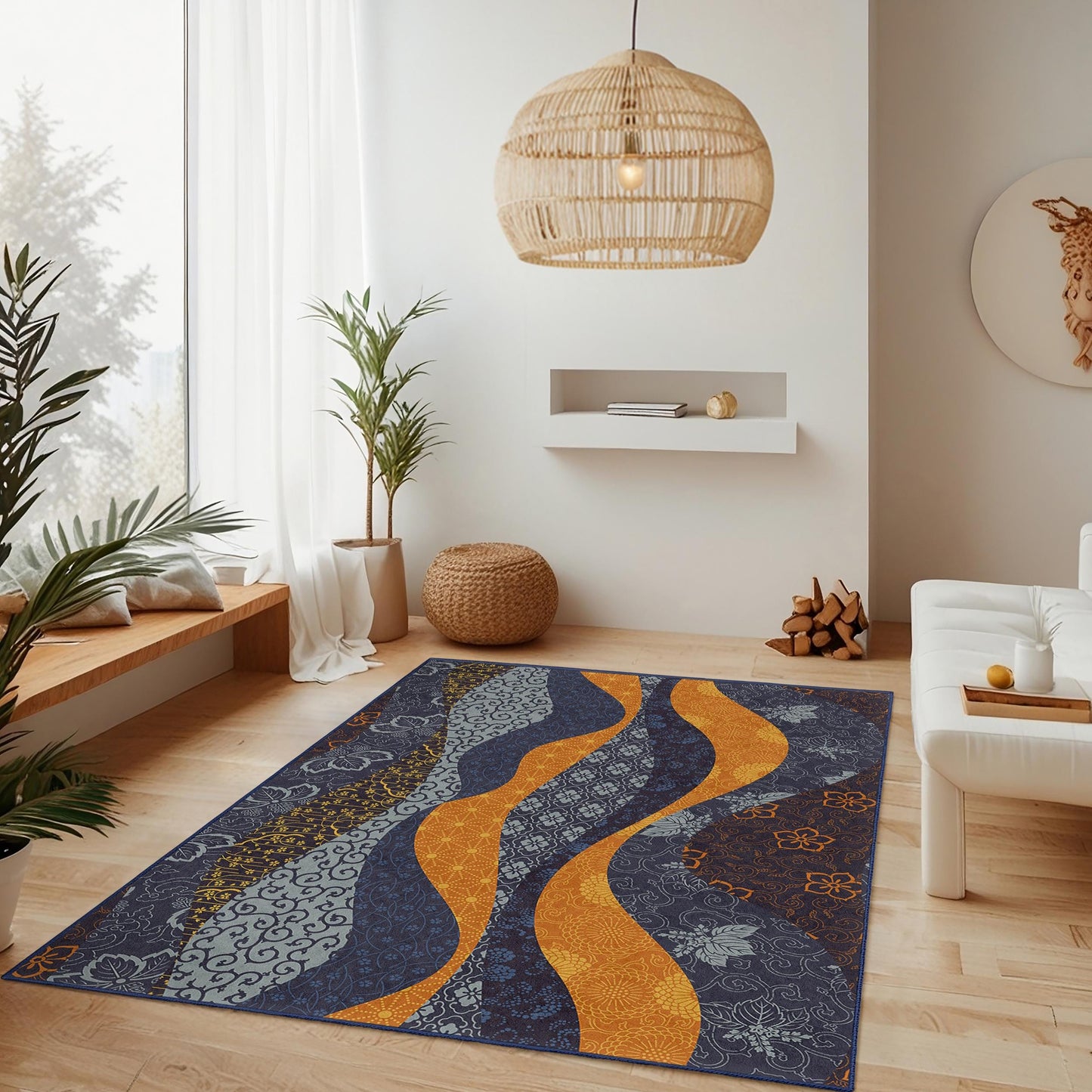 Wave Pattern Decorative Rectangular Area Rug | Modern Living Room Carpet | Soft Cotton Floor Mat | Stylish Home Decor