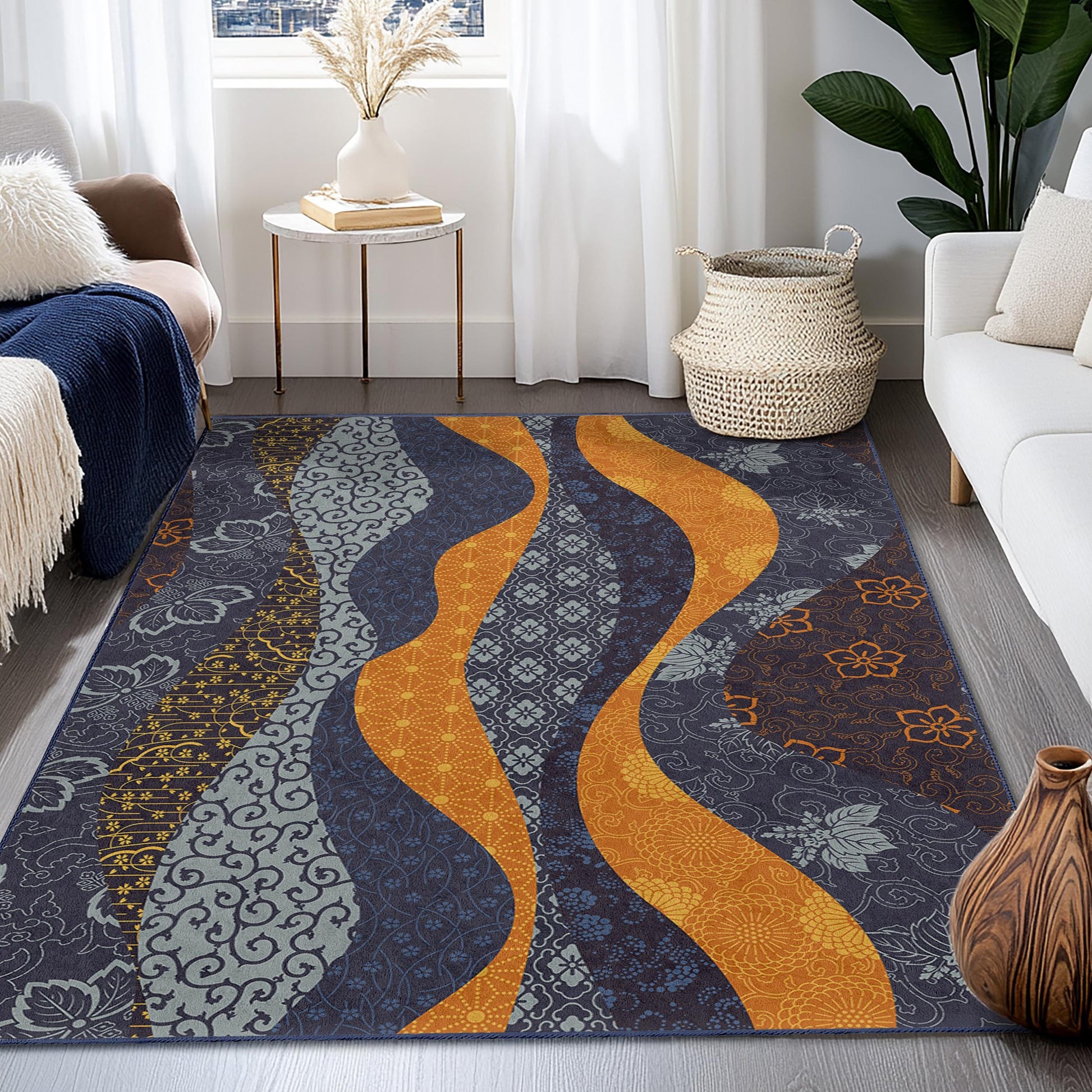 Wave Pattern Decorative Rectangular Area Rug | Modern Living Room Carpet | Soft Cotton Floor Mat | Stylish Home Decor