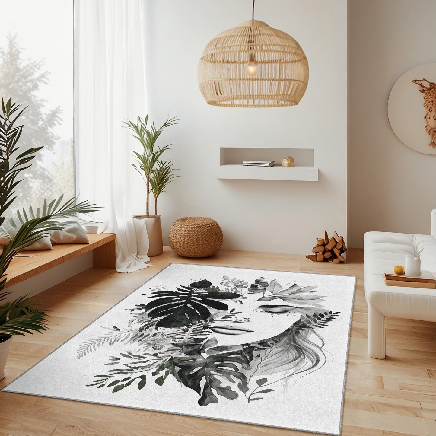 Elegant Botanical Face Design Rectangular Rug | Modern Living Room Decor | Stylish Printed Area Carpet | Unique Home Accent