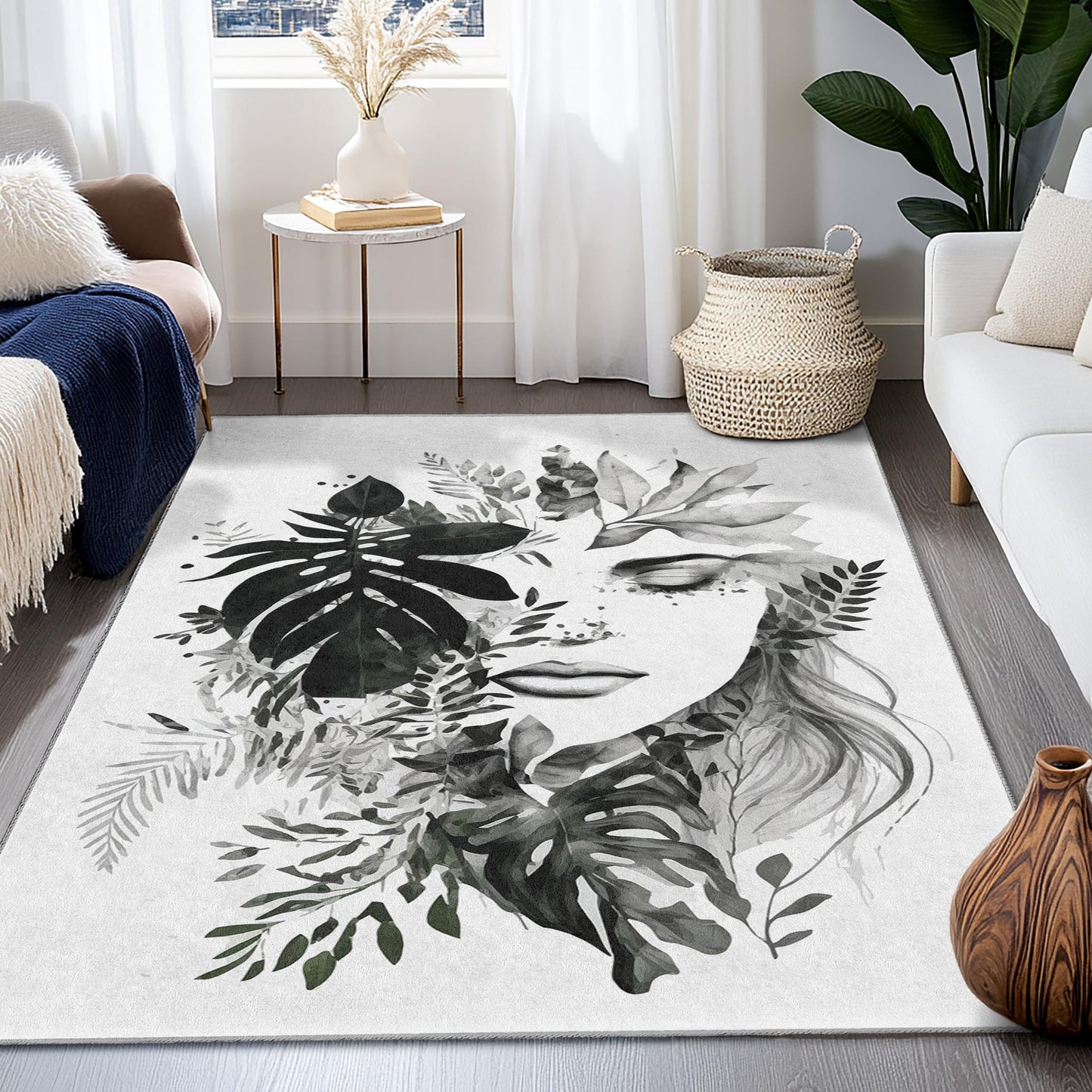 Elegant Botanical Face Design Rectangular Rug | Modern Living Room Decor | Stylish Printed Area Carpet | Unique Home Accent