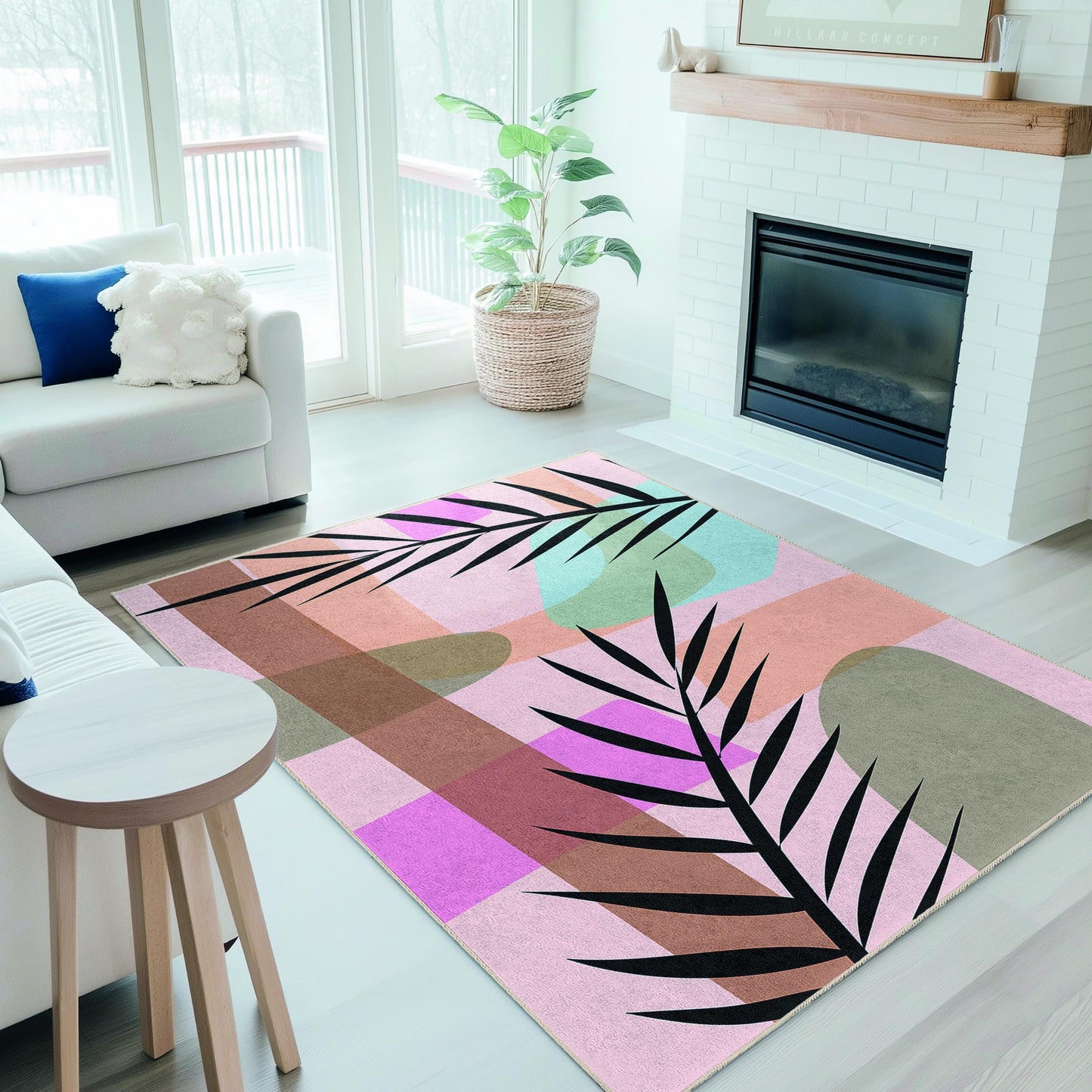 Abstract Palm Leaf Design Rectangular Area Rug | Modern Home Decor Carpet | Chic Living Room Floor Mat | Stylish Decorative Rug