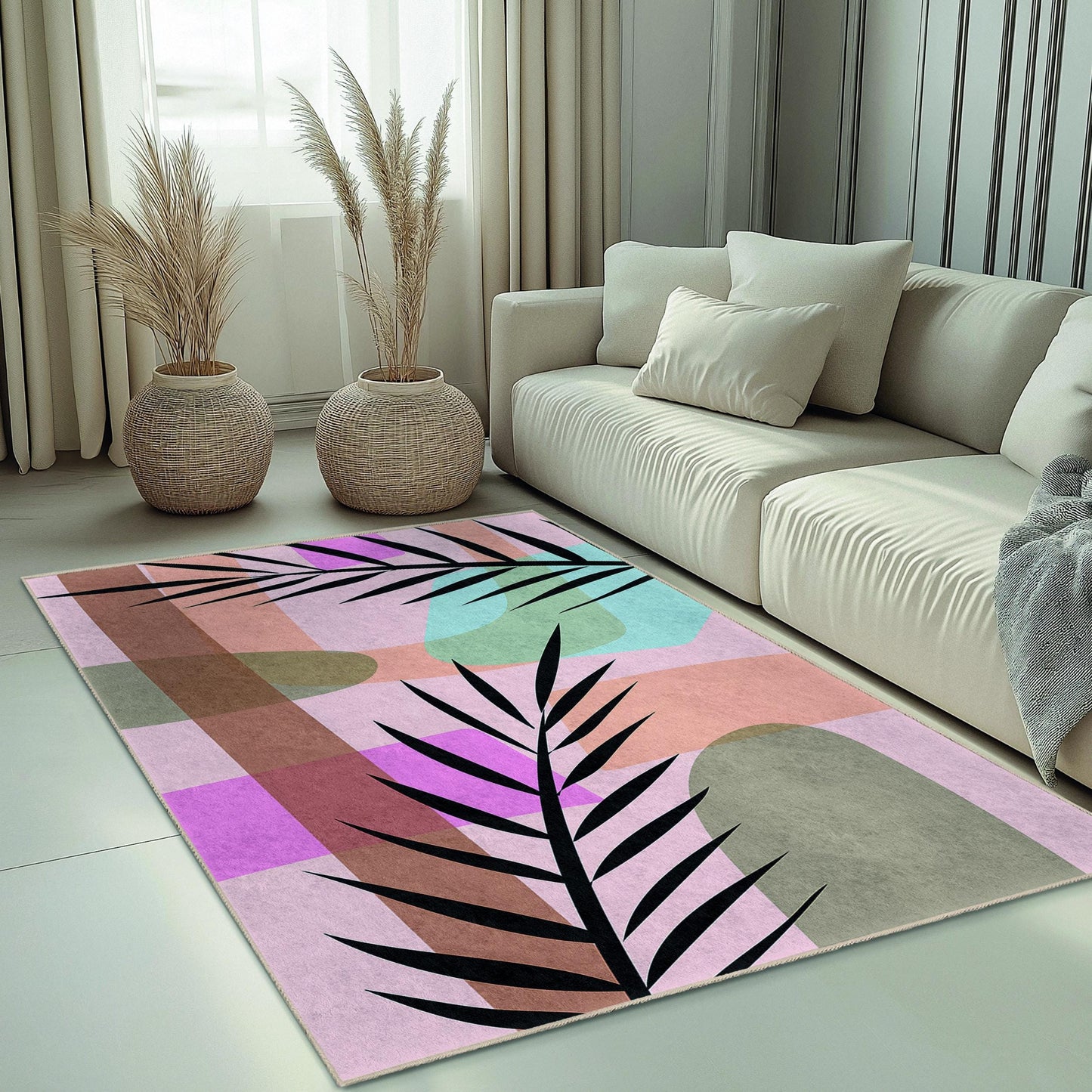 Abstract Palm Leaf Design Rectangular Area Rug | Modern Home Decor Carpet | Chic Living Room Floor Mat | Stylish Decorative Rug