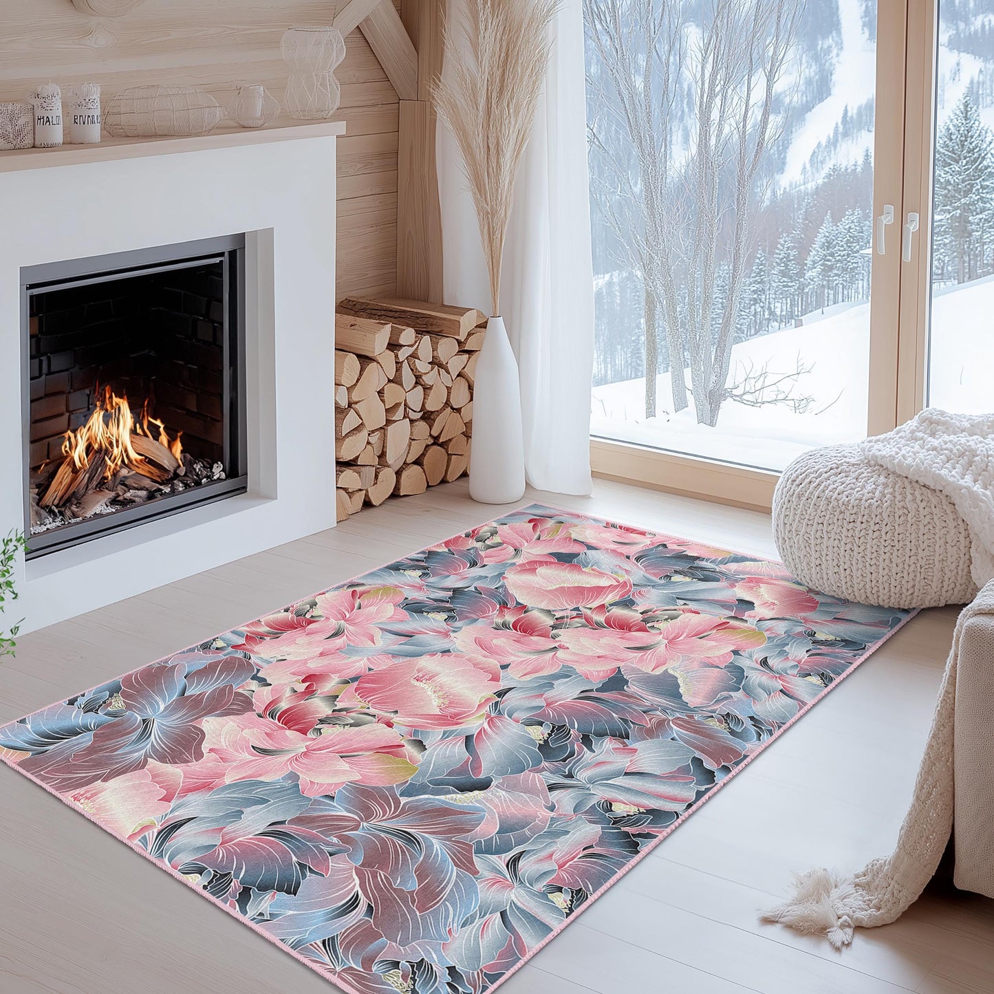 Floral Design Rectangular Area Rug | Elegant Living Room Carpet | Soft Cotton Decorative Mat | Vibrant Flower Pattern Rug